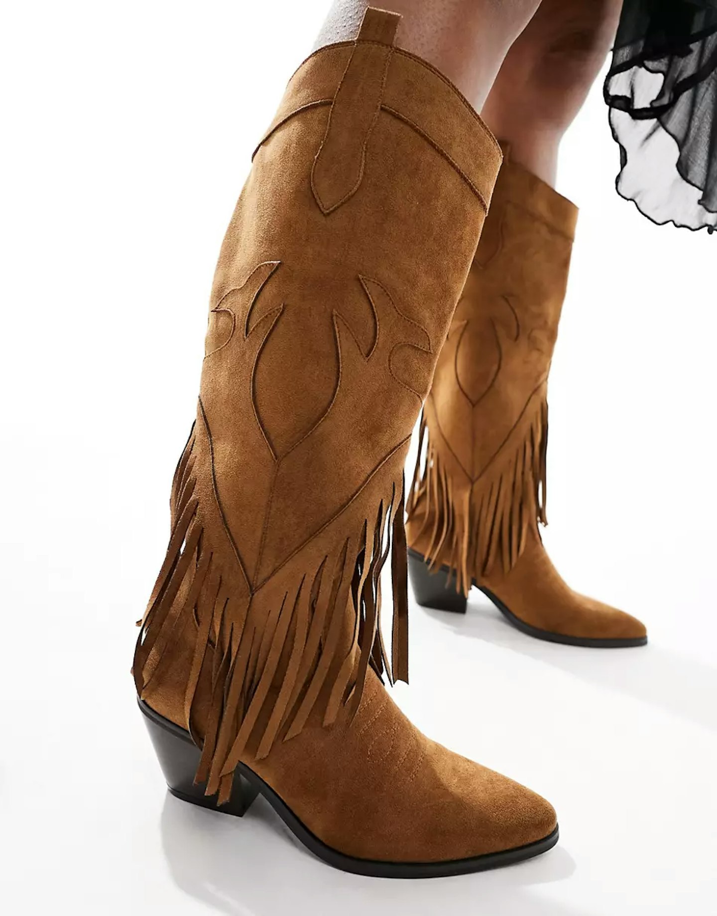 Glamorous Knee Tassel Western Boots In Chestnut