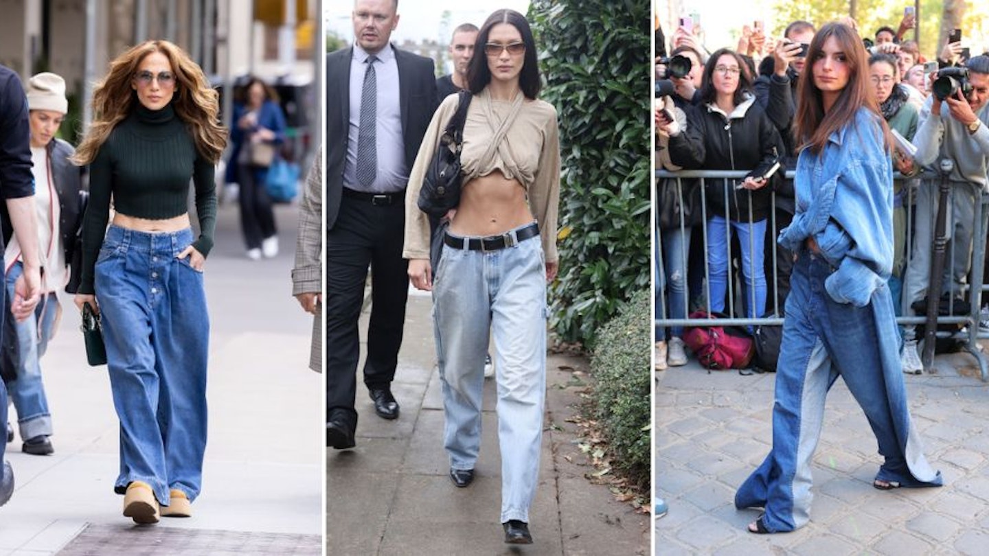 J Lo, Bella Hadid and Emily Ratajkowski wearing baggy jeans