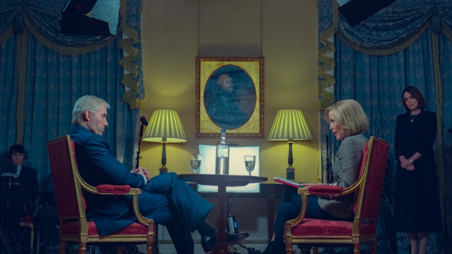 Prince Andrew (Rufus Sewell) and Emily Maitlis (Gillian Anderson) in conversation in Netflix's Scoop