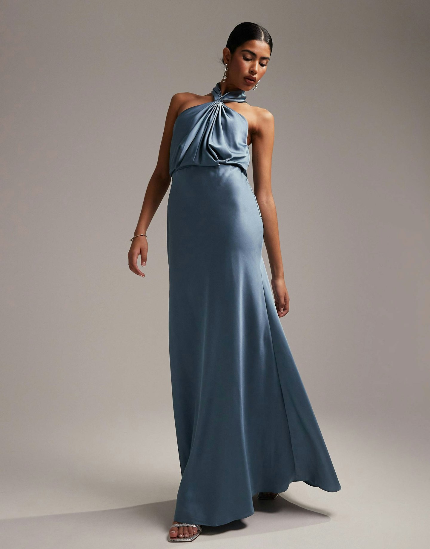 ASOS Design, Bridesmaid Satin Ruched Halter-Neck Maxi Dress 