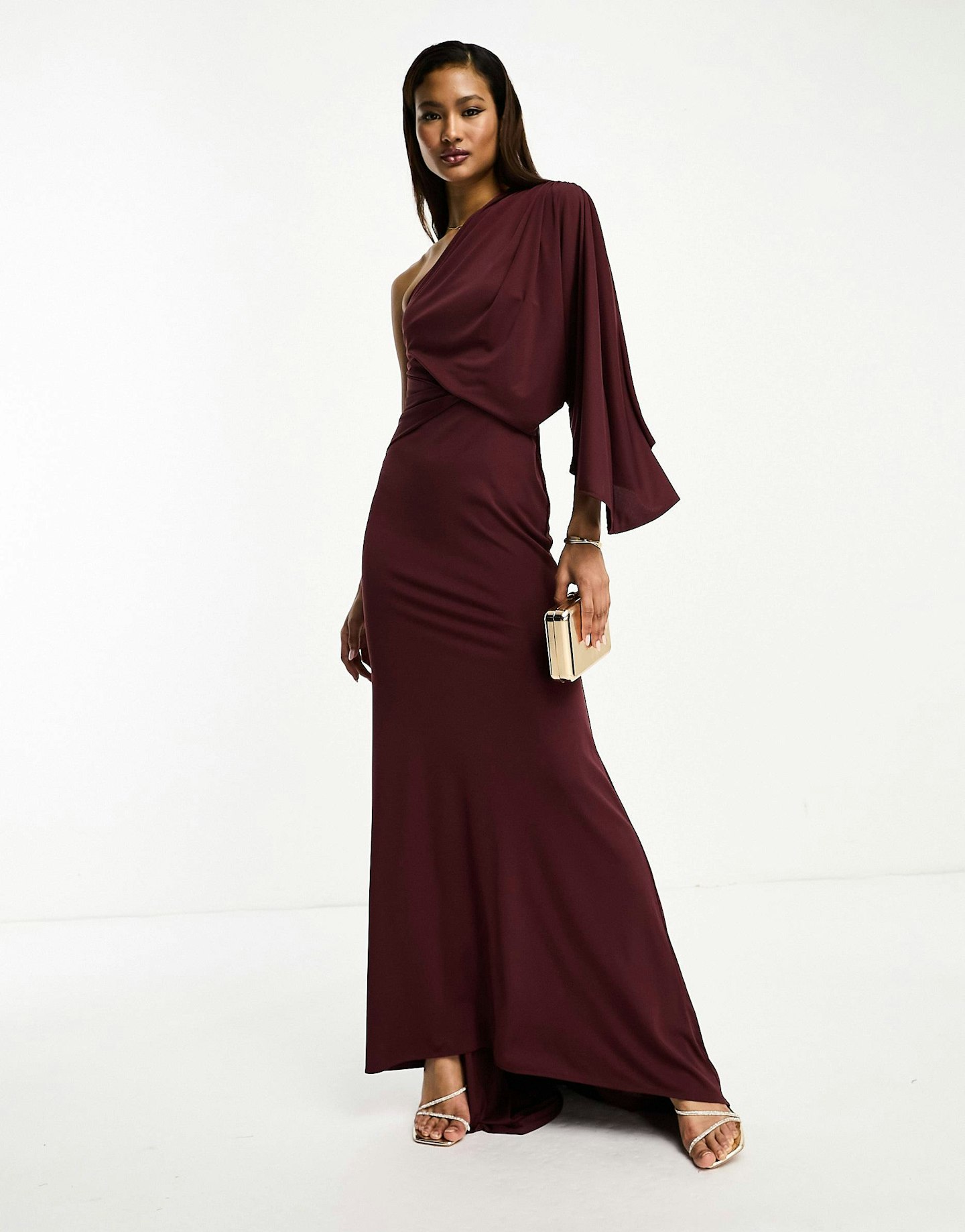 ASOS, One Shoulder Premium Draped Maxi Dress With Train Detail In Deep Purple