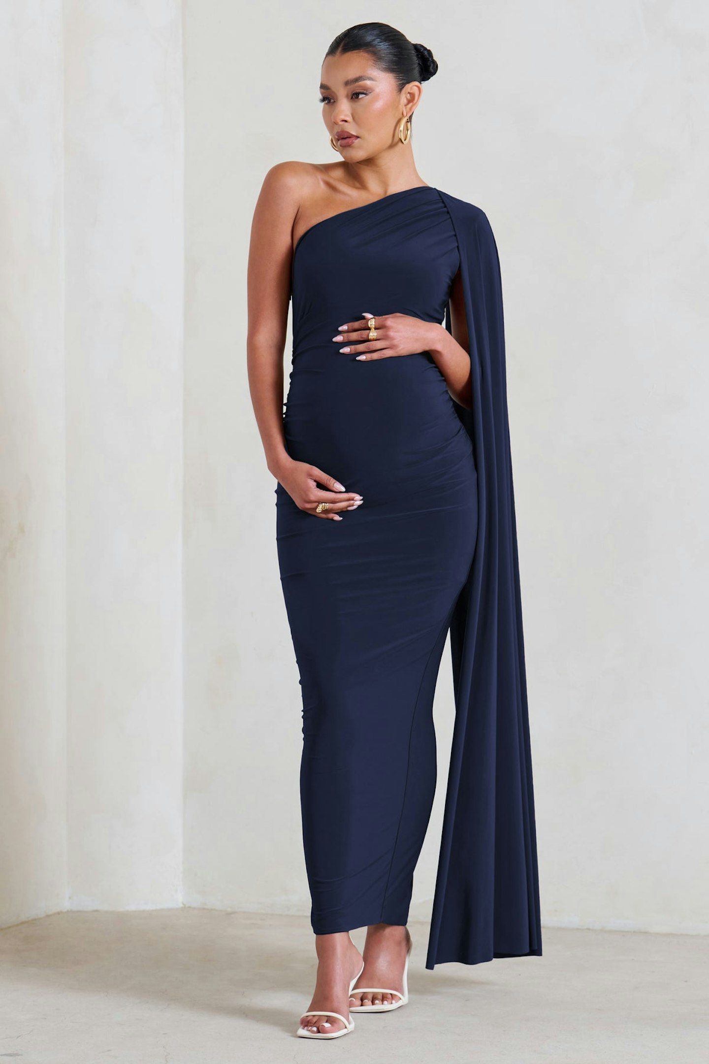 Club L, Amaryllis Navy Maternity One-Shoulder Maxi Dress With Cape Sleeve