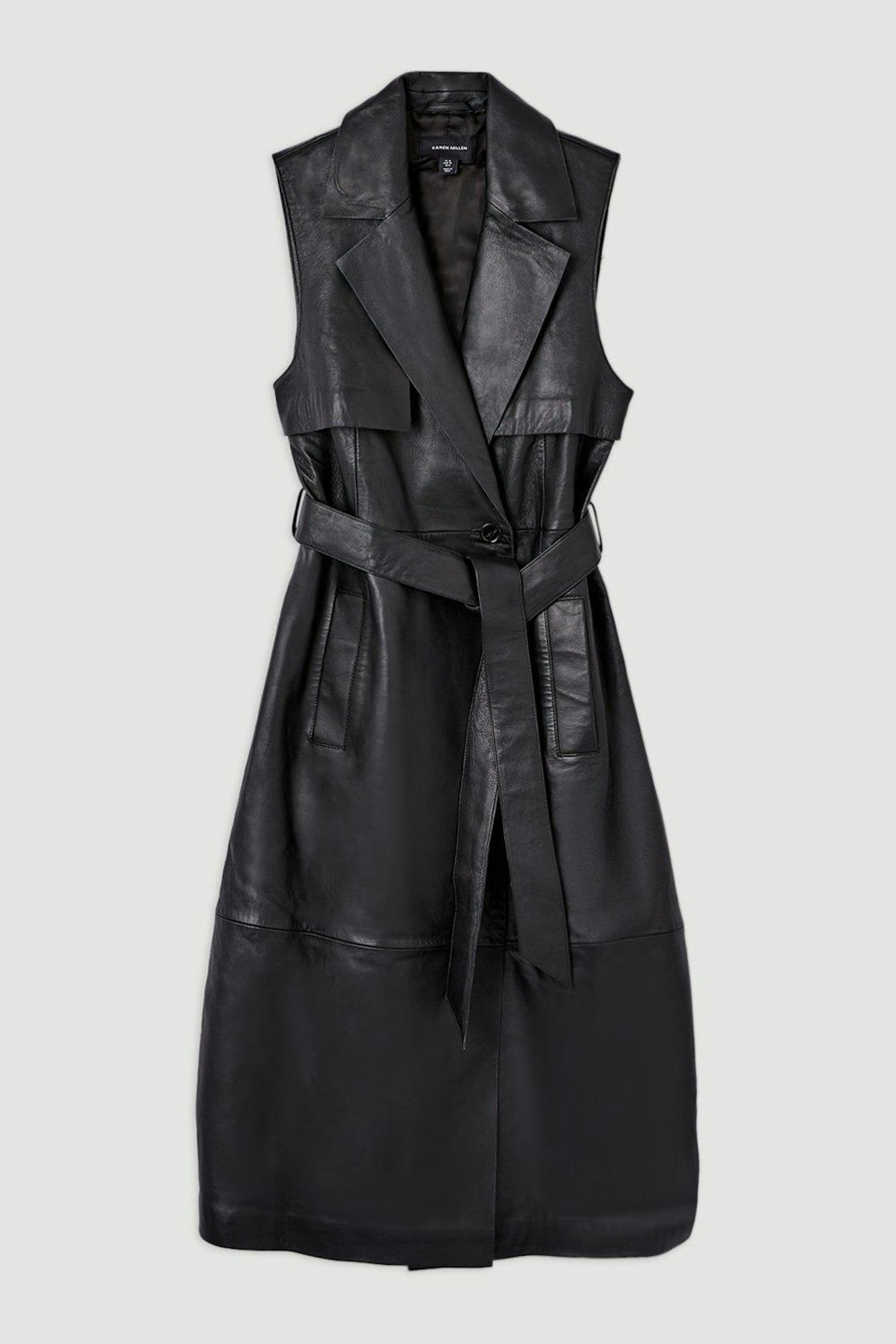 Leather Sleeveless Belted Storm Flap Detail Trench Coat