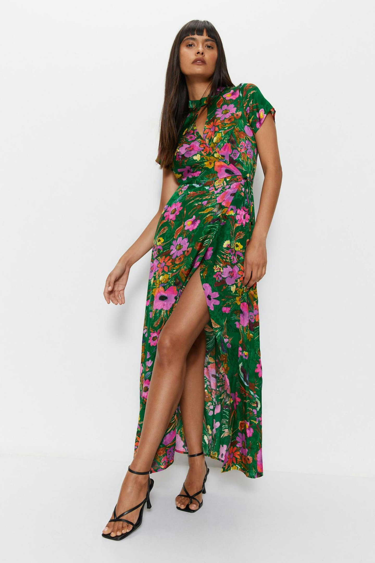 Warehouse, Floral Printed Viscose Jacquard Keyhole Midi Dress