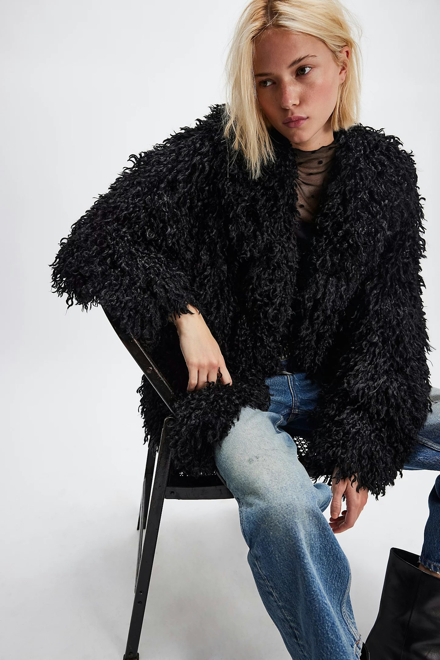 free people black faux fur shaggy jacket