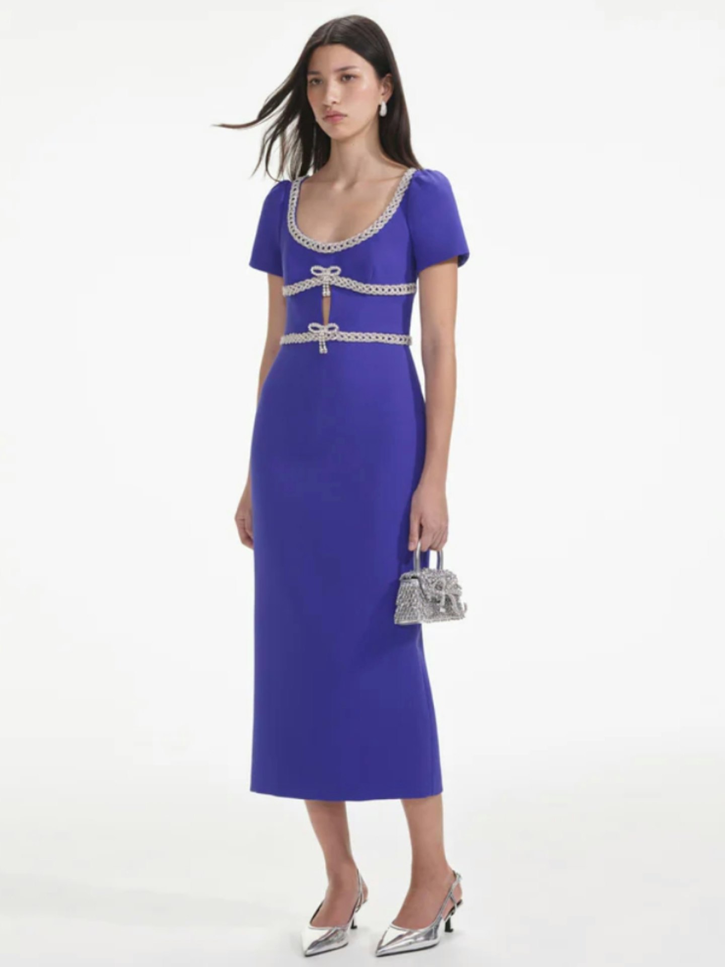 Self-Portrait, Blue Diamante Bow Trim Midi Dress