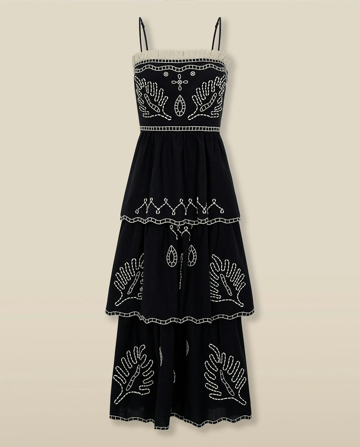 Monday - Maksu Black Embroidered Cotton Linen Tiered Midi Dress