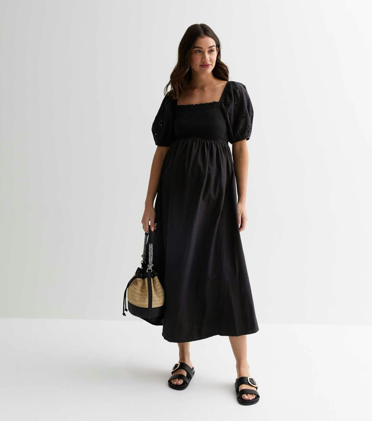 New Look Maternity Black Broderie Shirred Midi Dress