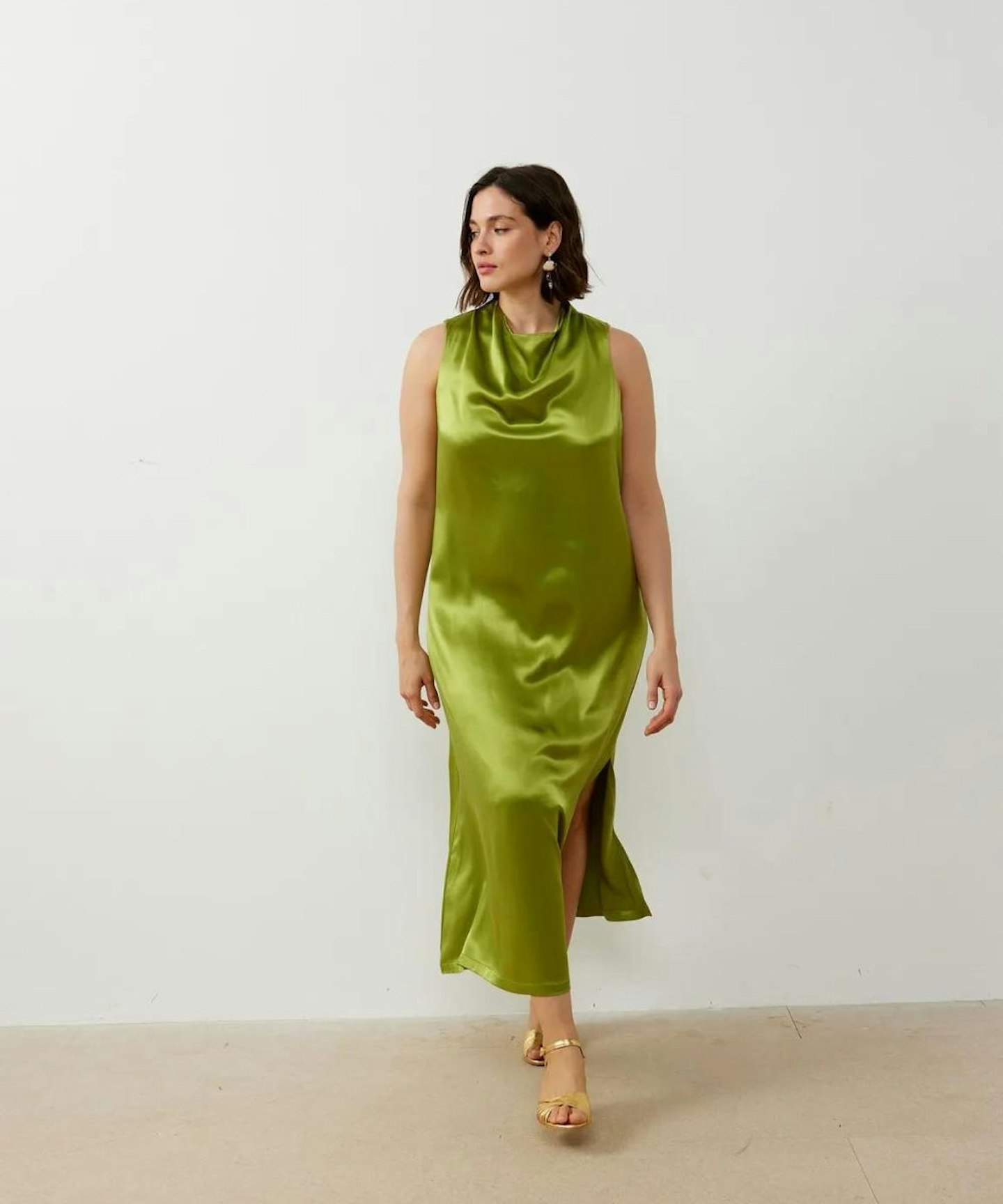Green Satin Cowl Neck Midi Dress