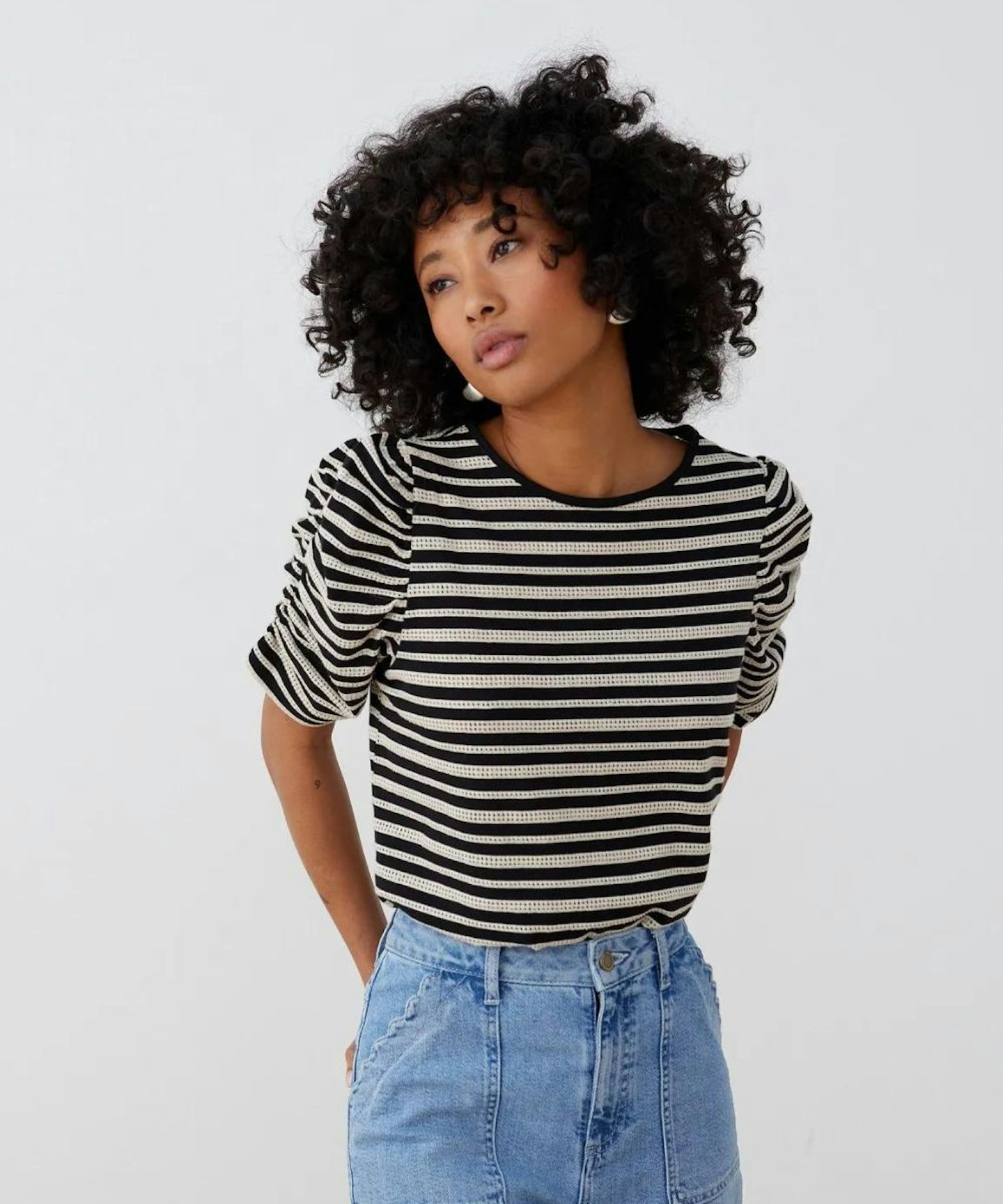 Black & White Stripe Ruched Sleeve Jersey Top