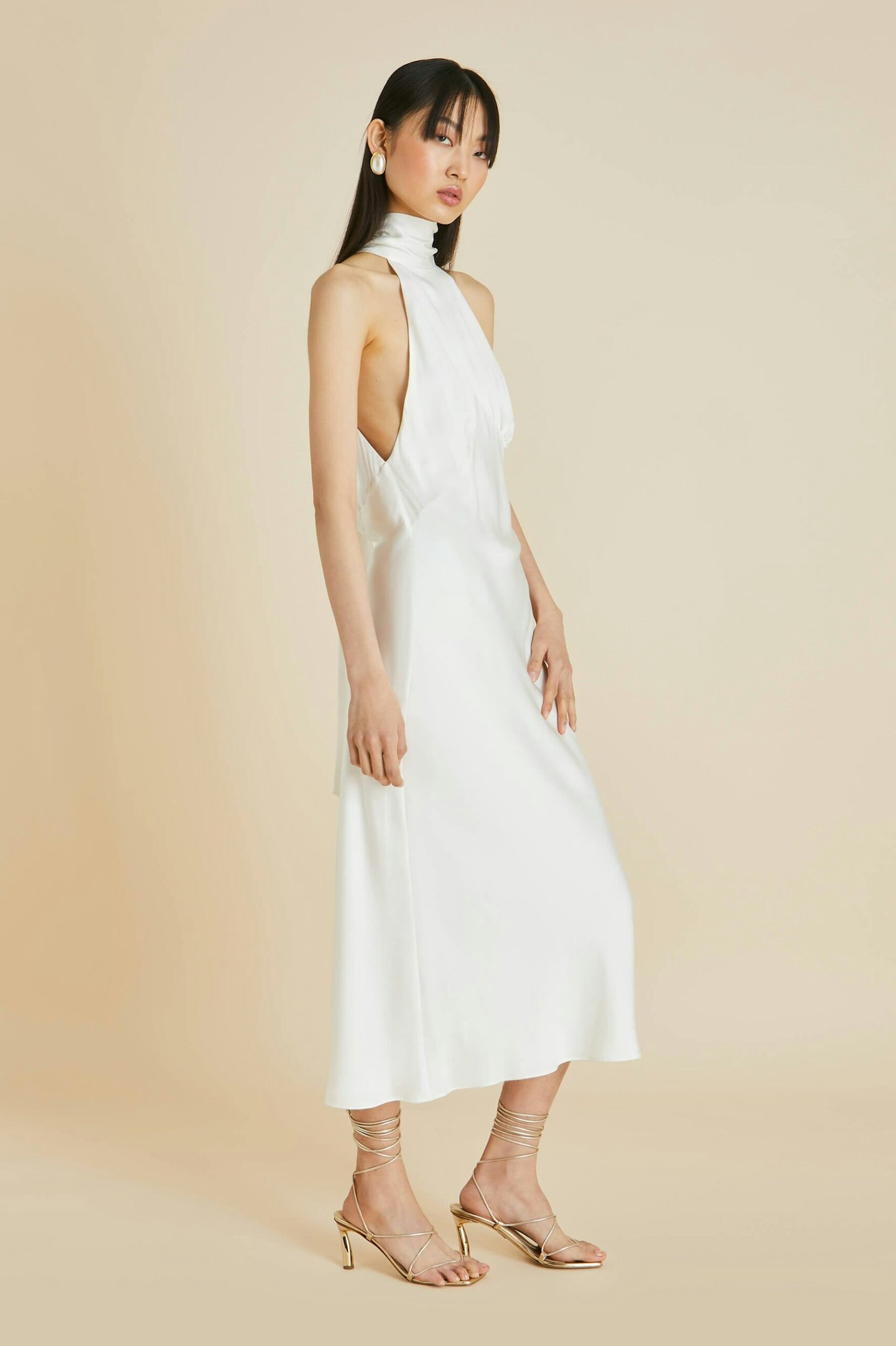 Olivia Von Halle, Greta Ivory Halter-Neck Dress In Silk Satin