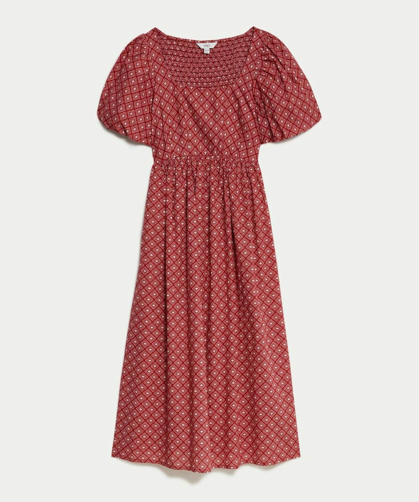 M&S, Pure Cotton Printed Square Neck Midi Waisted Dress