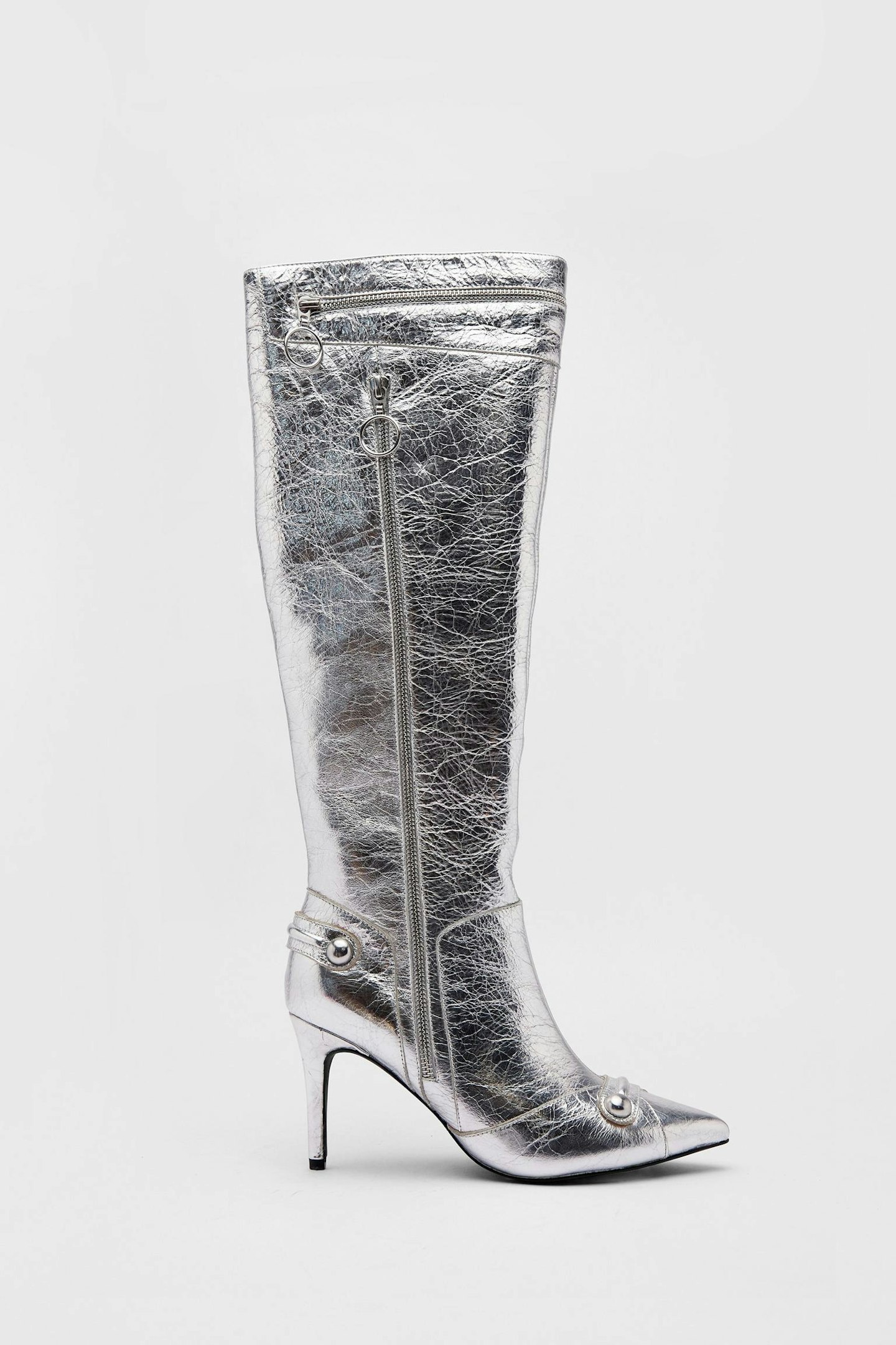 Warehouse, Leather Metallic Zip & Stud Pointed Toe Knee-High Boots