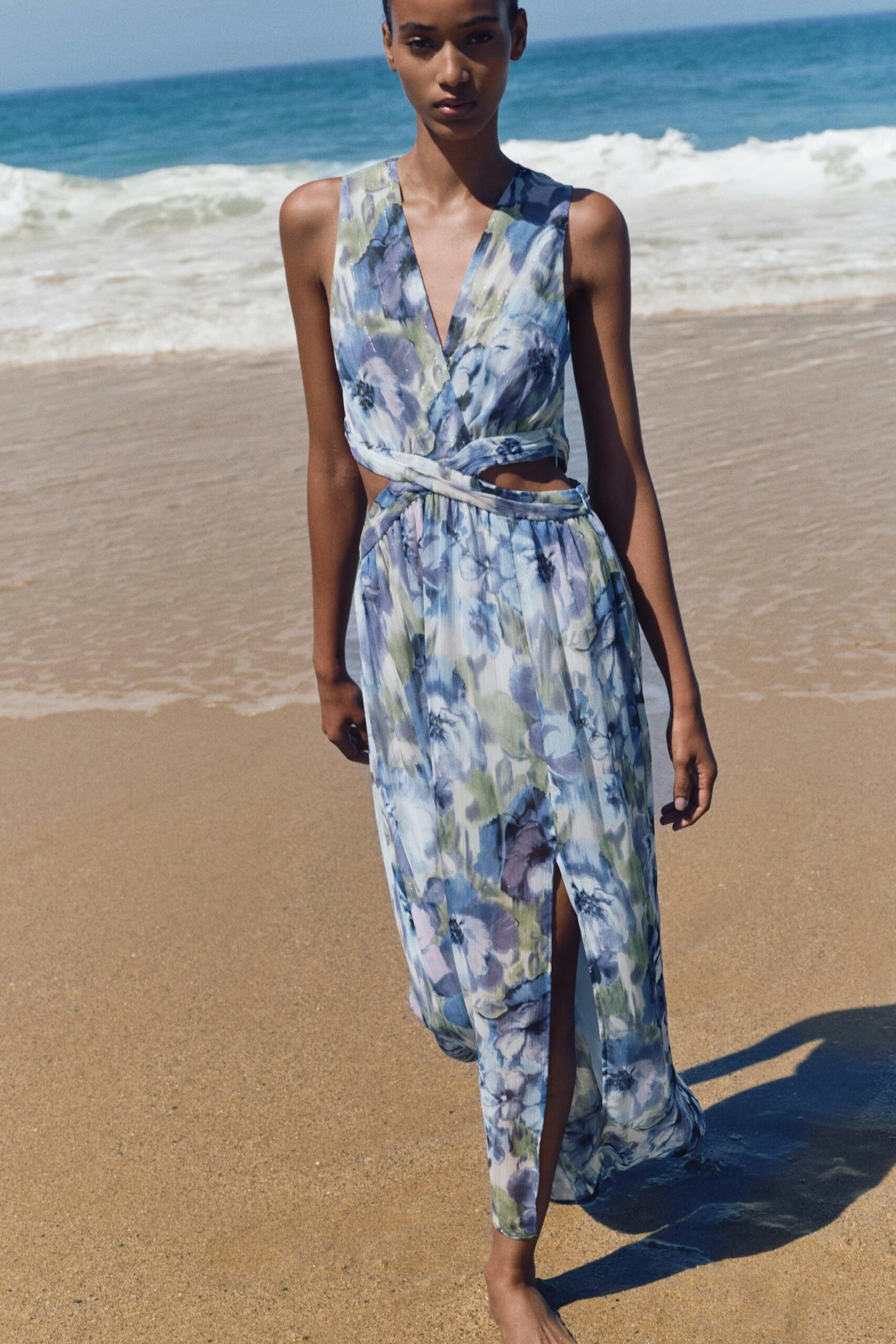 Zara, Printed Metallic Thread Dress With Cut-Out