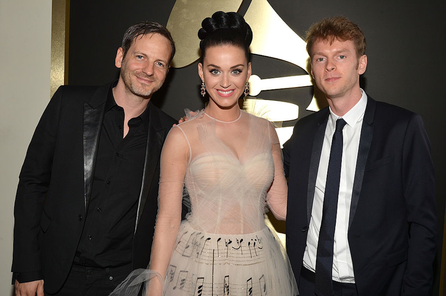 Producer Dr. Luke, singer Katy Perry and producer Cirkut attend the 56th GRAMMY Awards in 2014