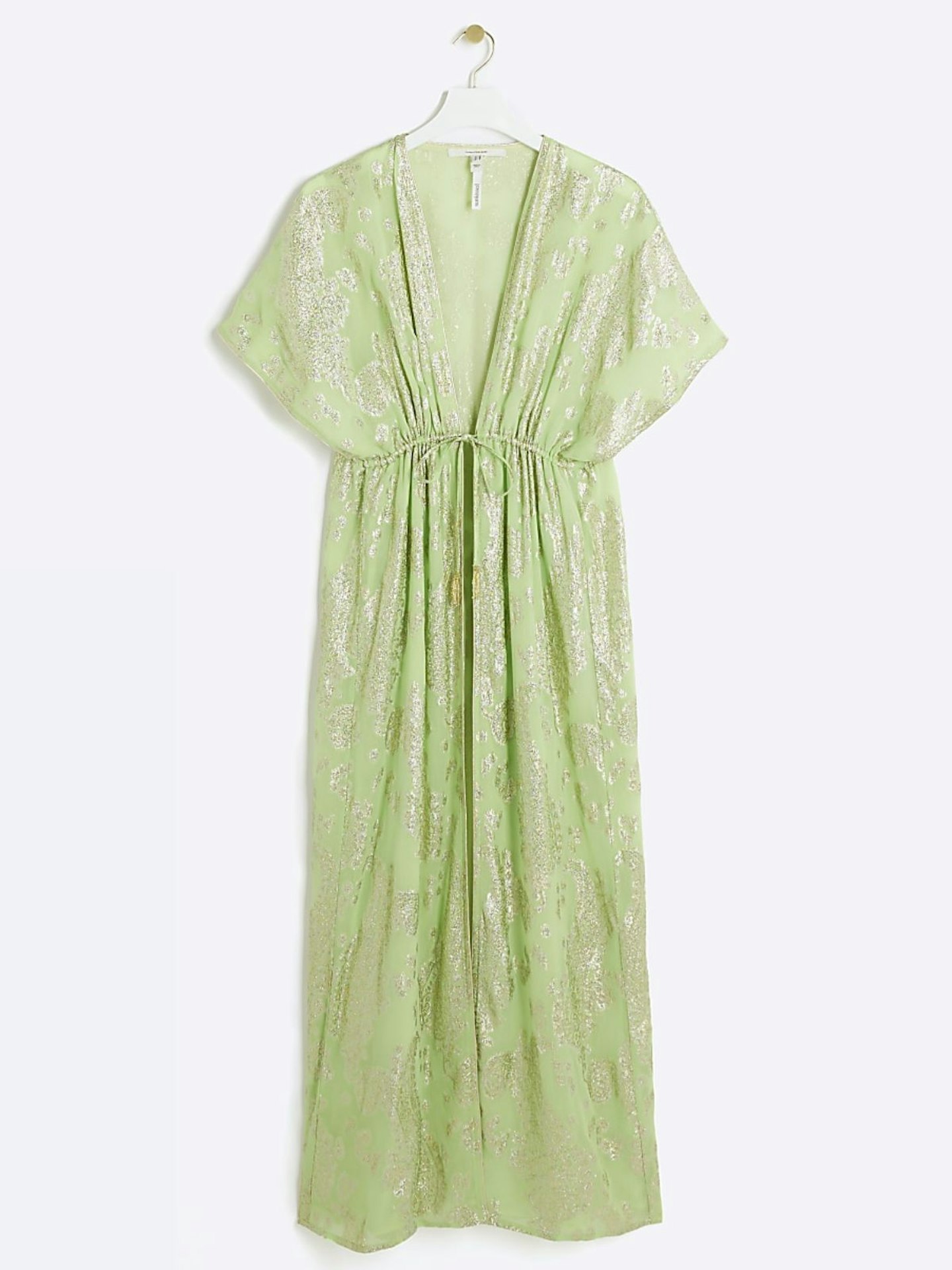 River Island Green Metallic Longline Beach Kaftan