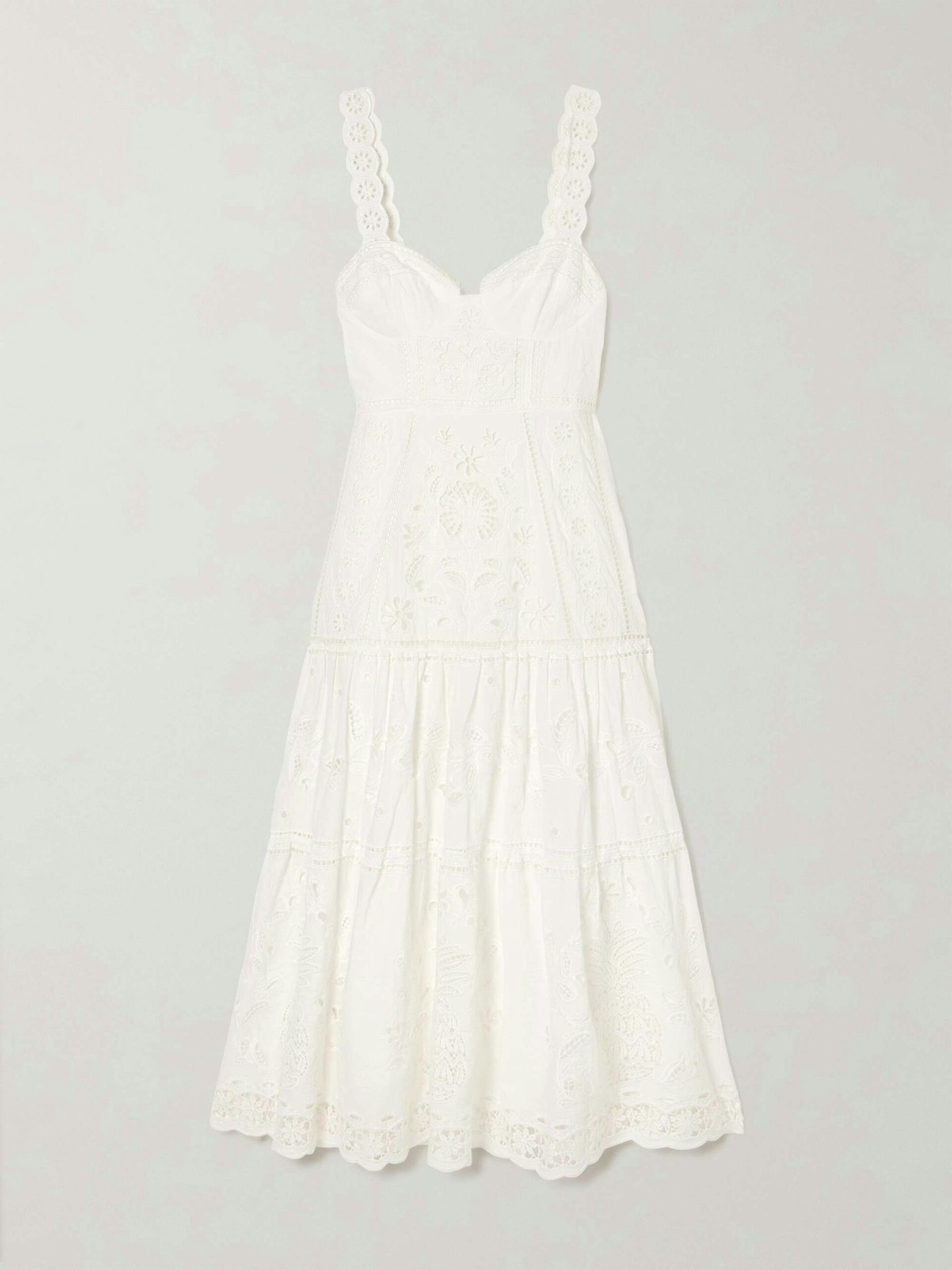 Farm Rio, Richelieu Tiered Broderie Anglaise Cotton Midi Dress