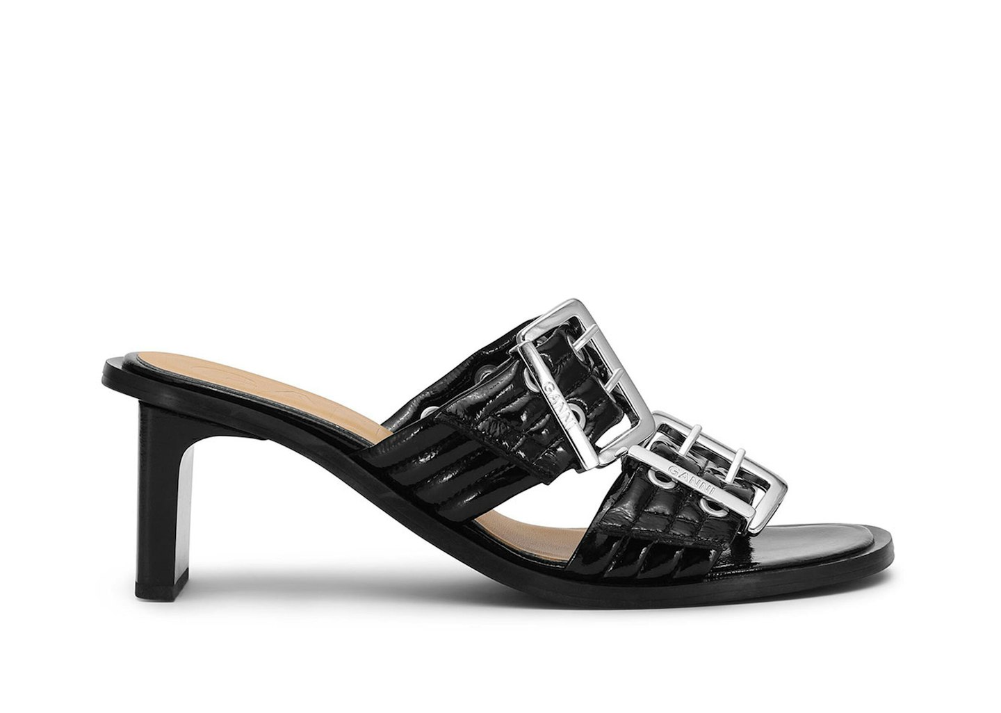 Ganni, Black Feminine Buckle-Heeled Mule Sandals