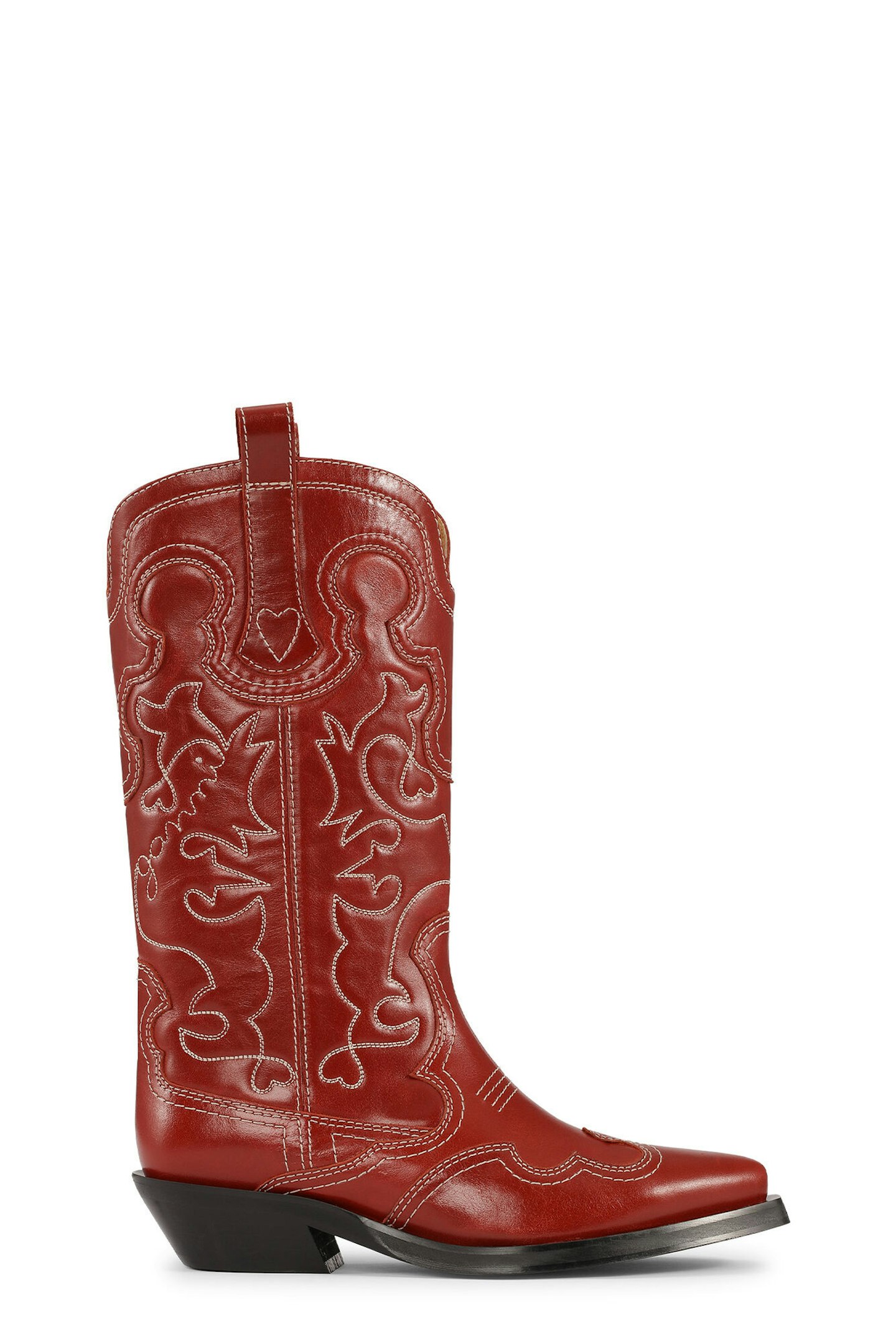 Ganni, Red Mid Shaft Embroidered Western Boots