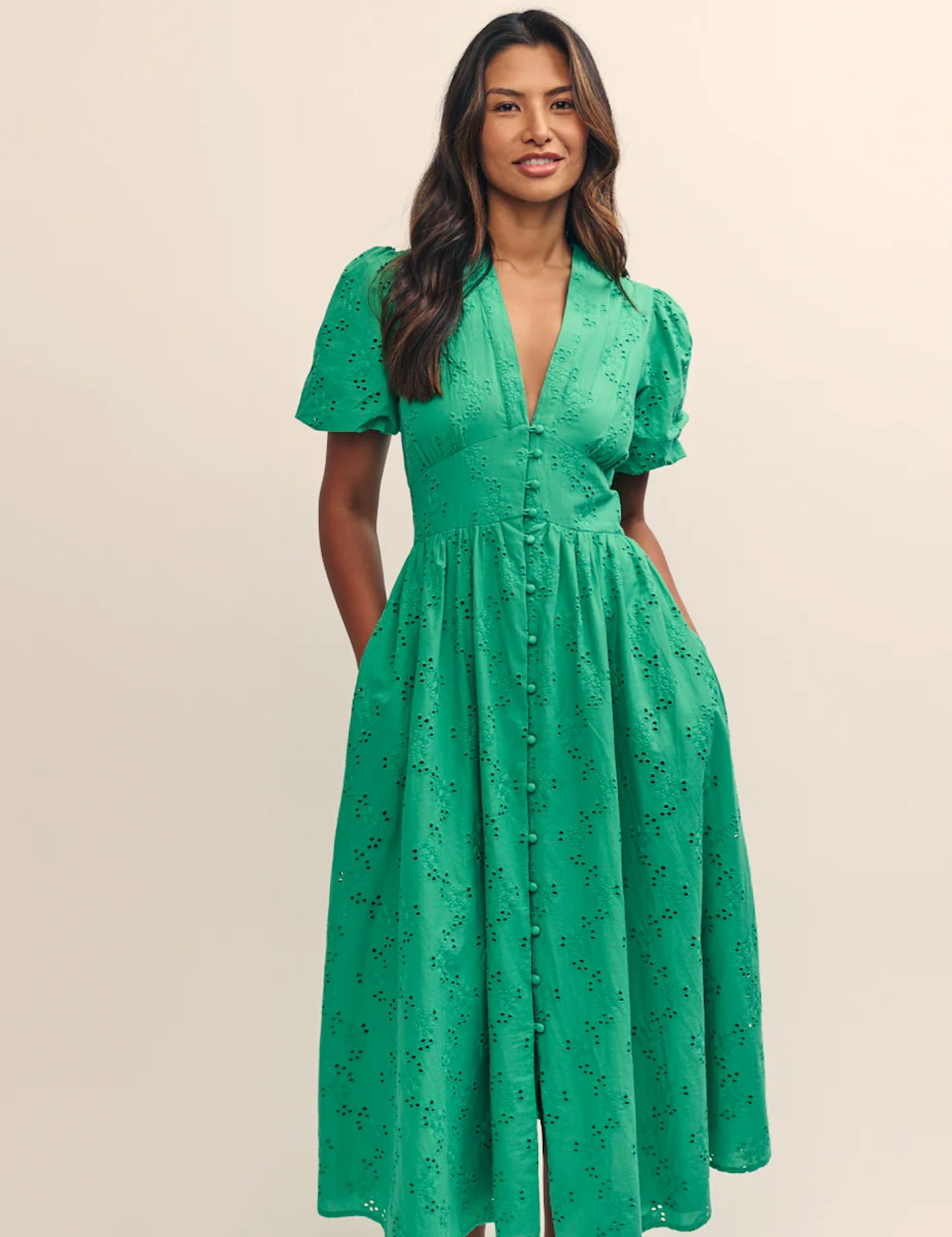 green broderie midi dress 