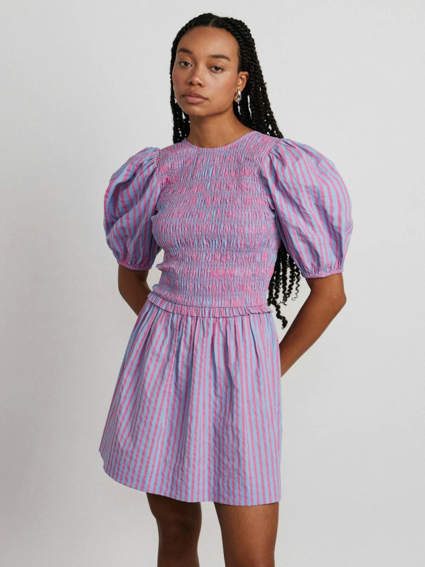 Bluebelle Shirred Mini Dress - Pink & Blue Striped