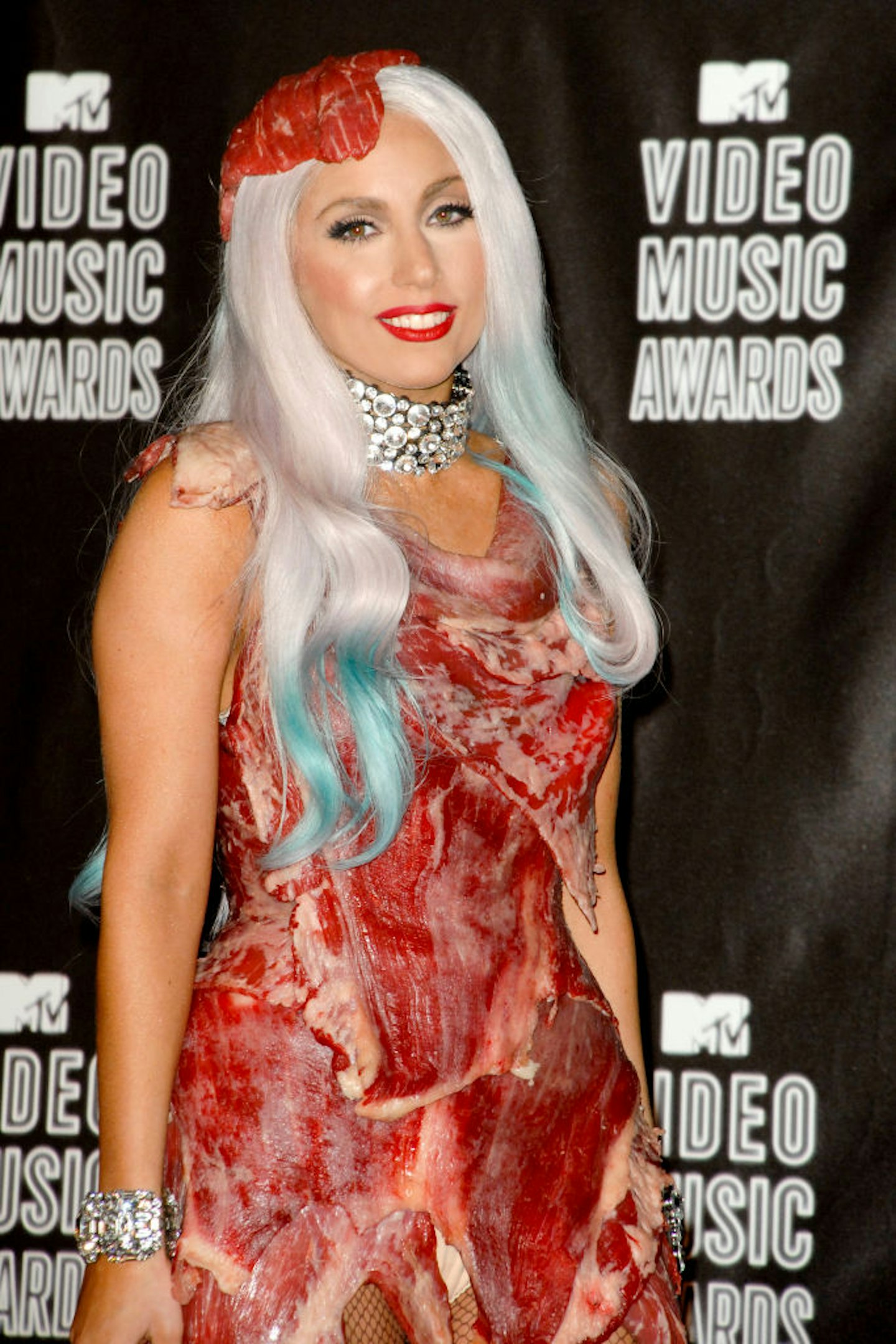 Lady Gaga in her meat dress at the 2010 MTV VMAs