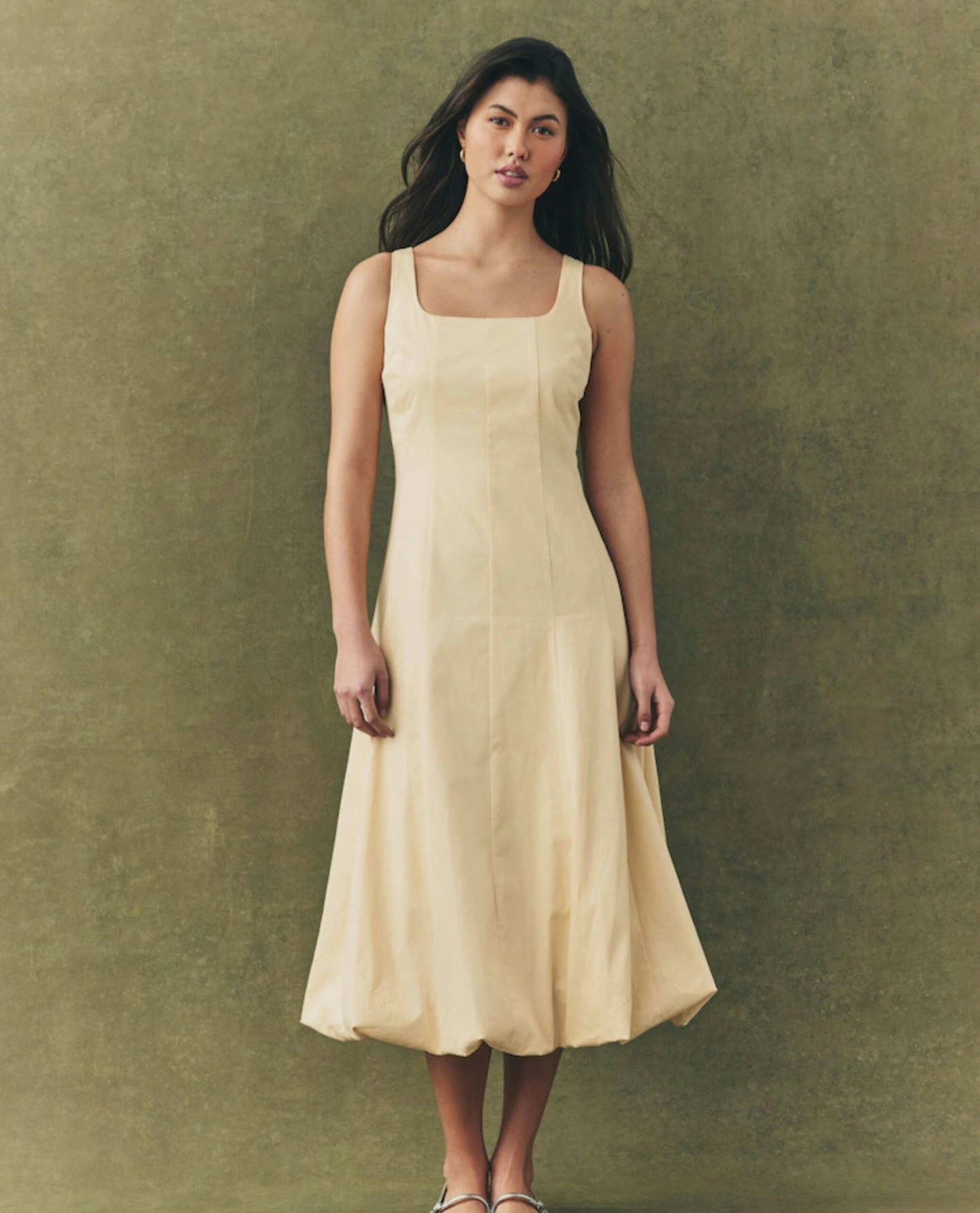 Square Neck Puff Hem Midi Dress