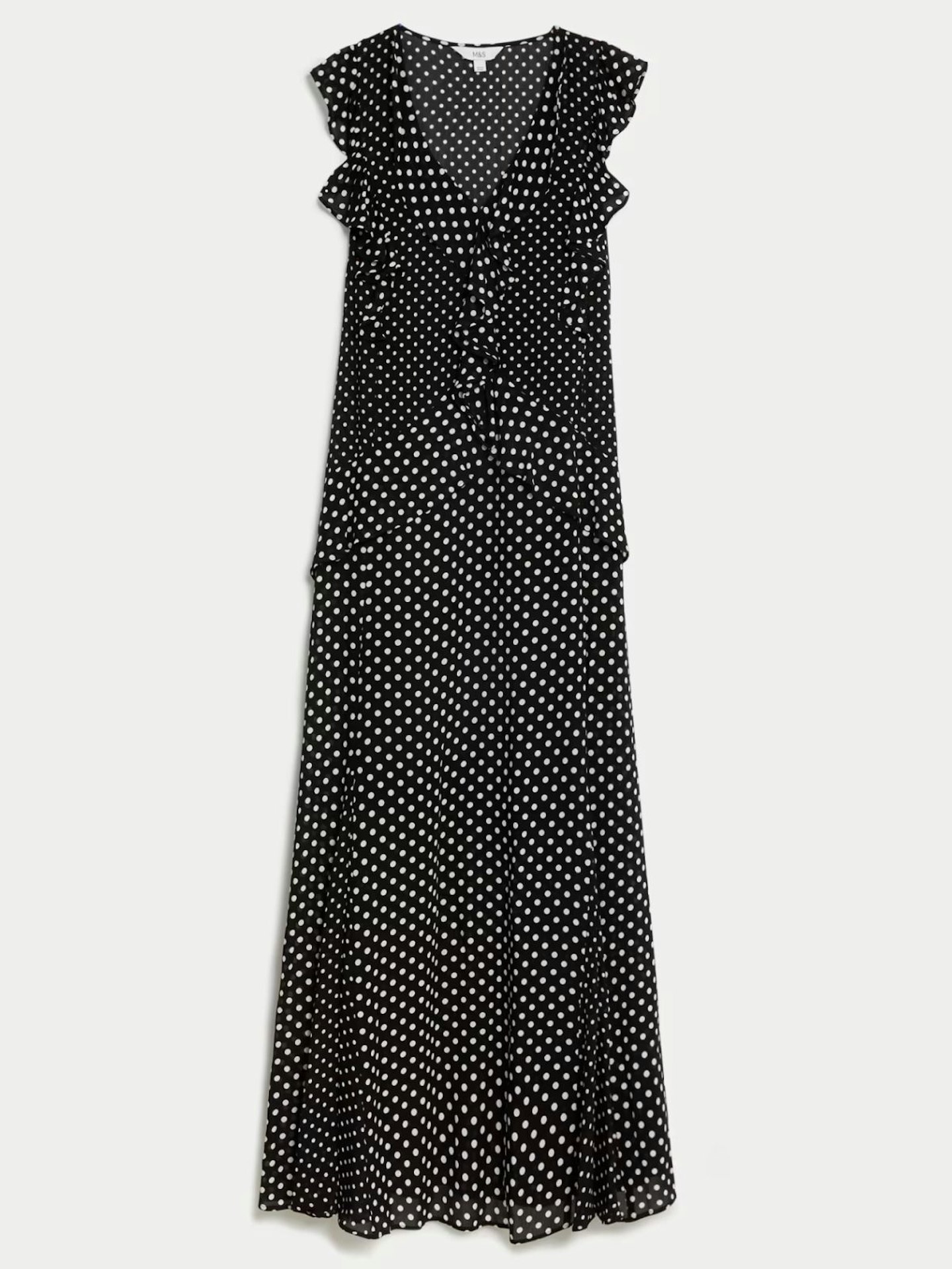 M&S Polka Dot V-Neck Ruffle Maxi Column Dress