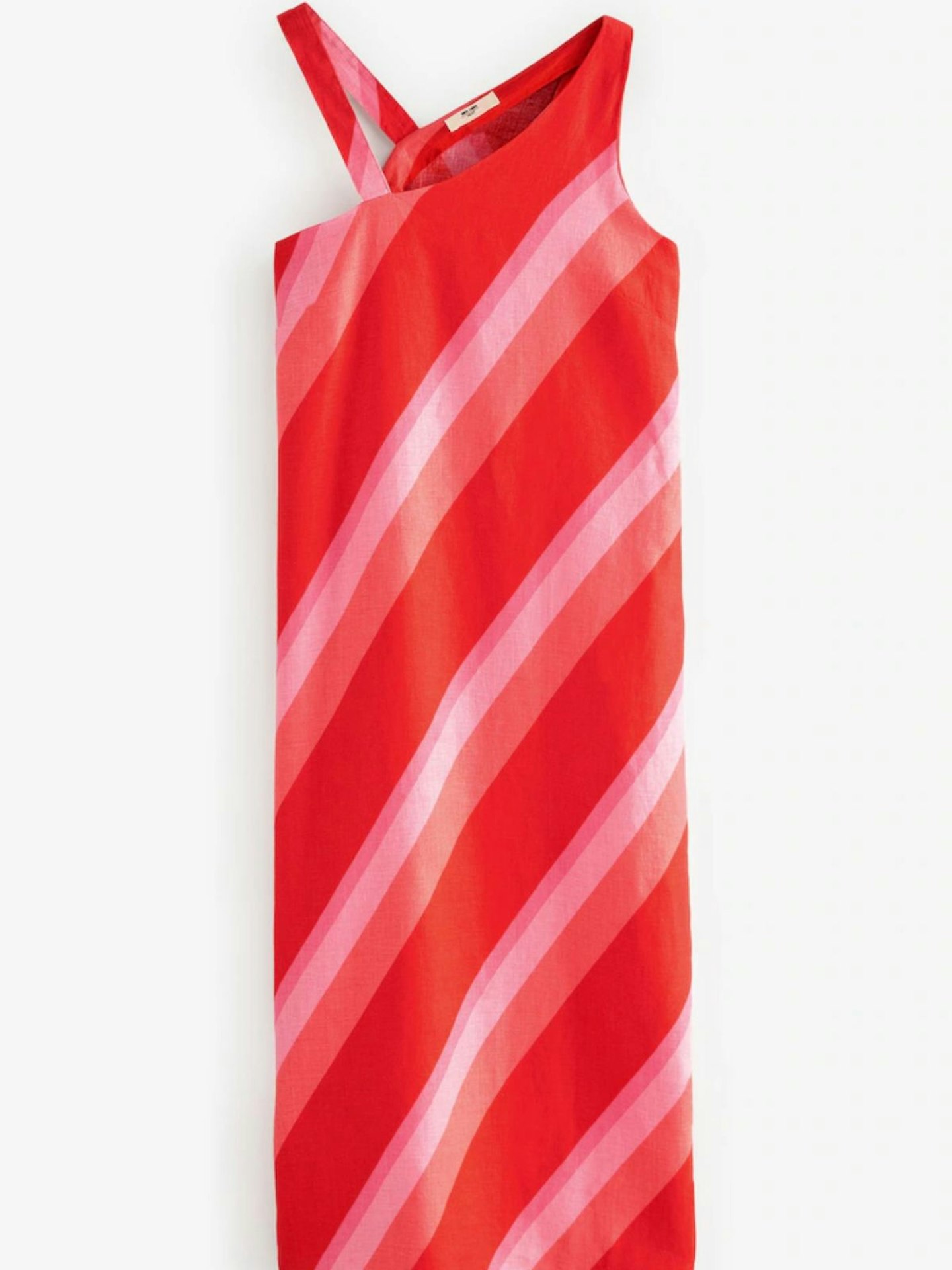 Next Red/Pink Stripe Premium 100% Linen Asymmetric Shoulder Maxi Dress