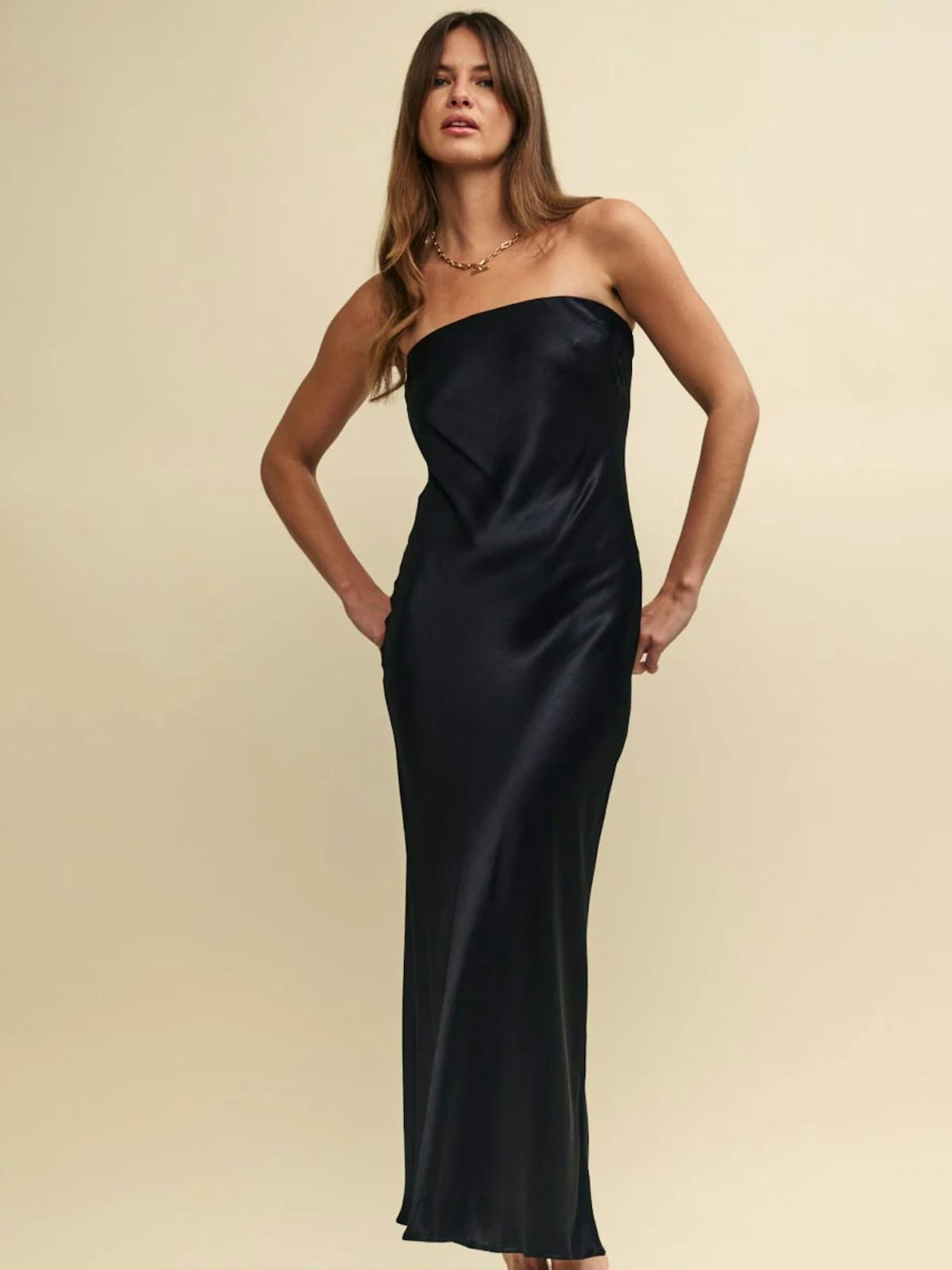 Black Satin Bandeau Slip Elle Midi Dress