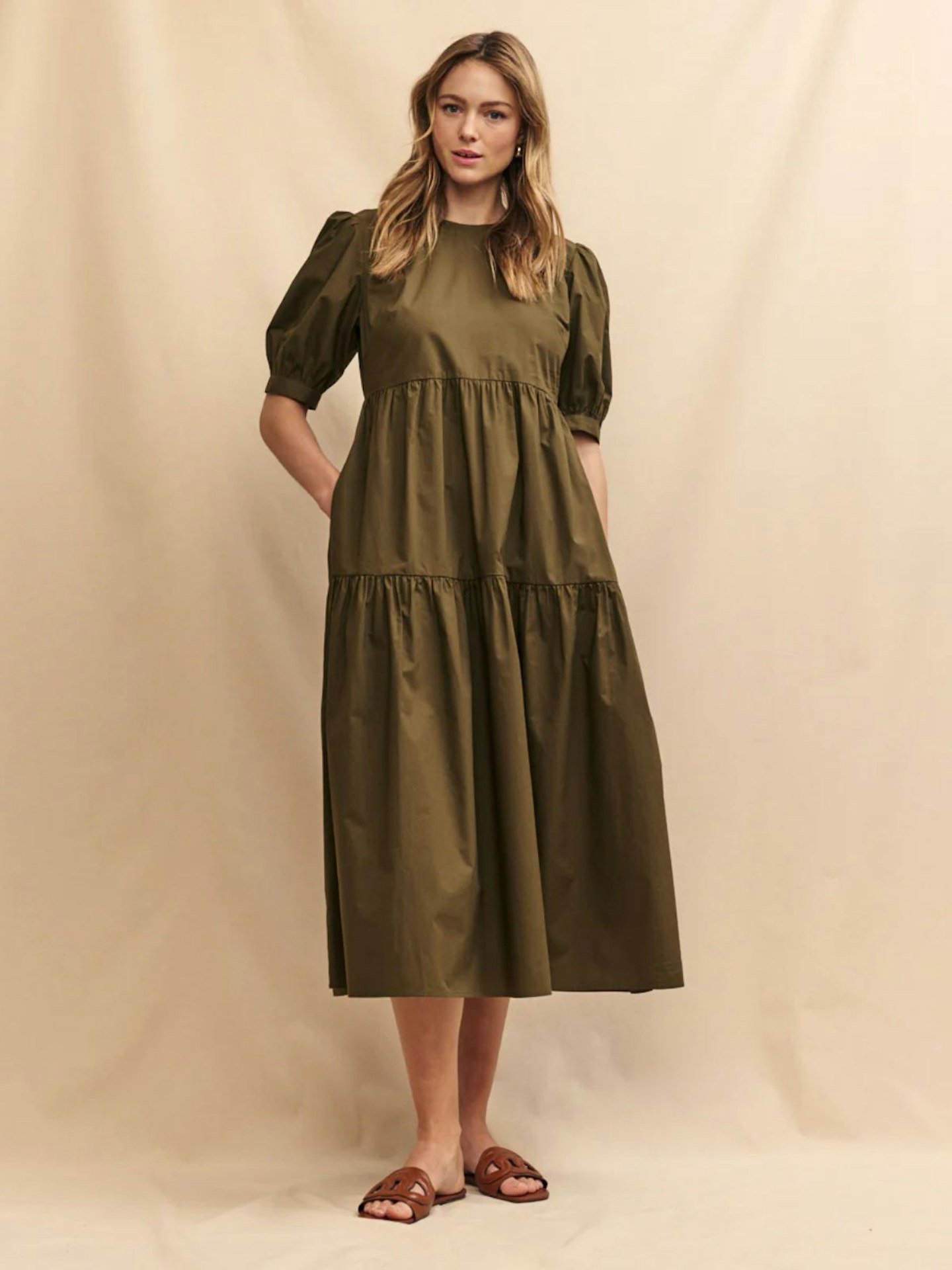 Khaki Green Tiered Rochelle Smock Midi Dress