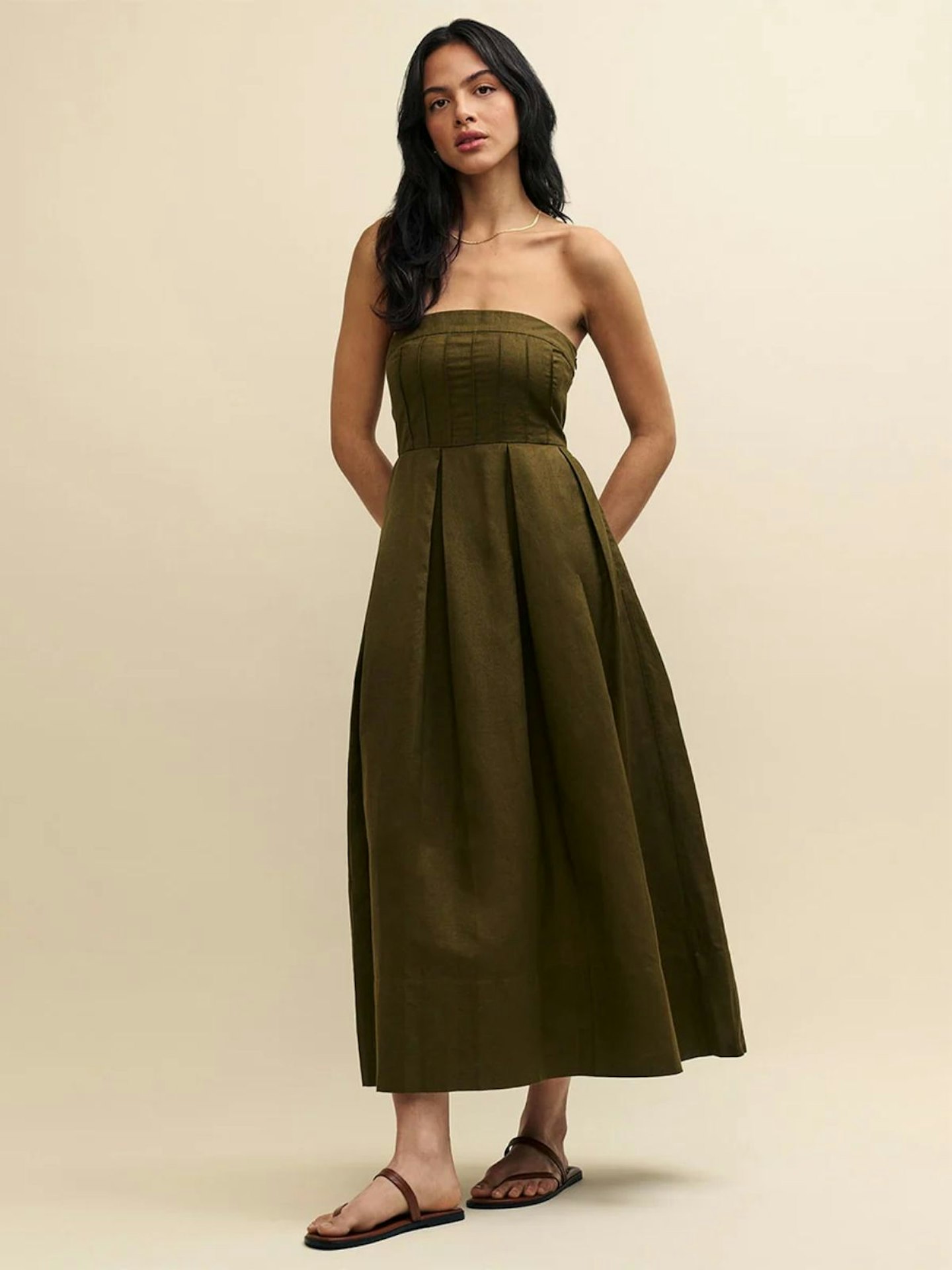 Olive Green Linen-Blend Strapless Richie Midi Dress