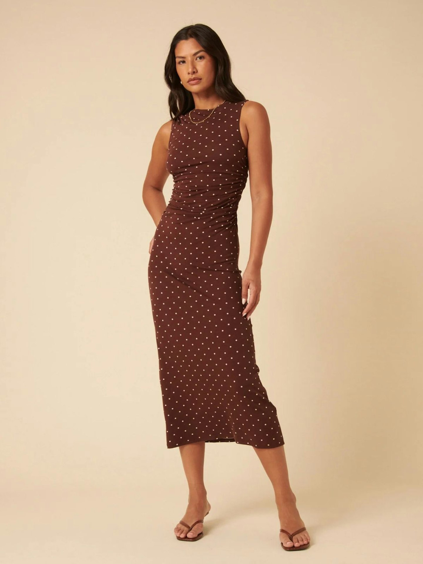Brown Polka Dot Sleeveless Dress
