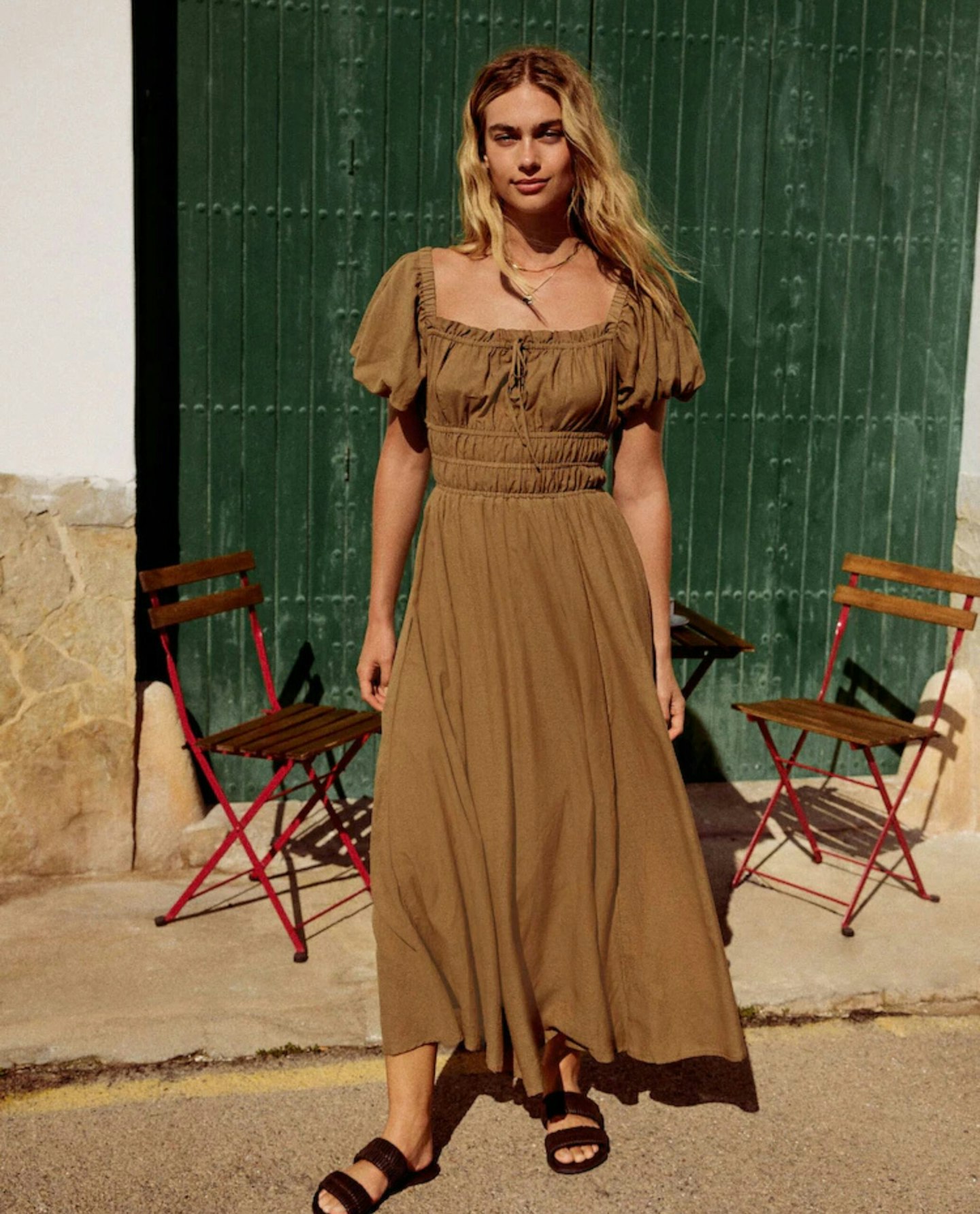 Khaki Green Puff Sleeve Midi Dress