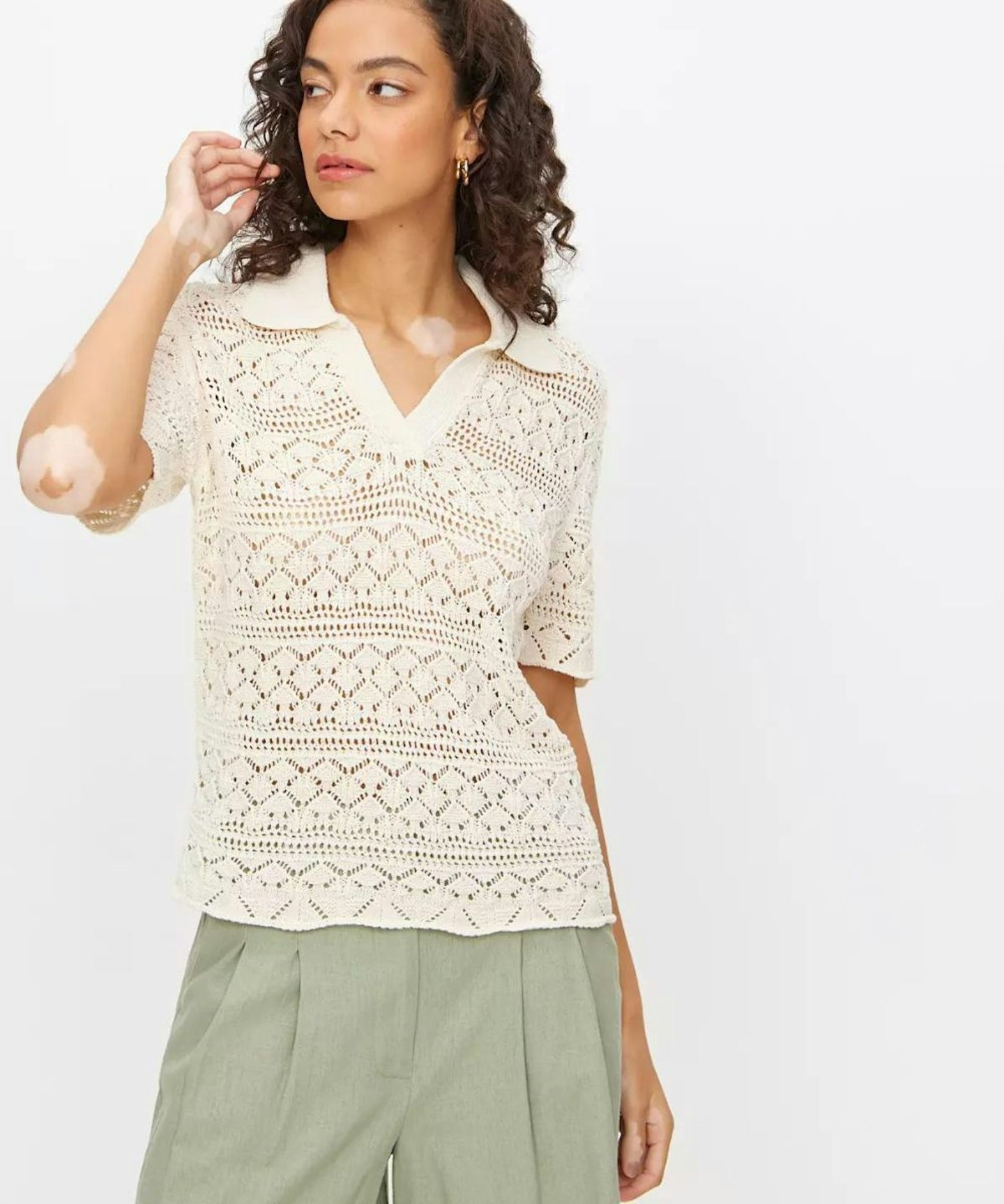 Cream Pointelle Stitch Polo Top  