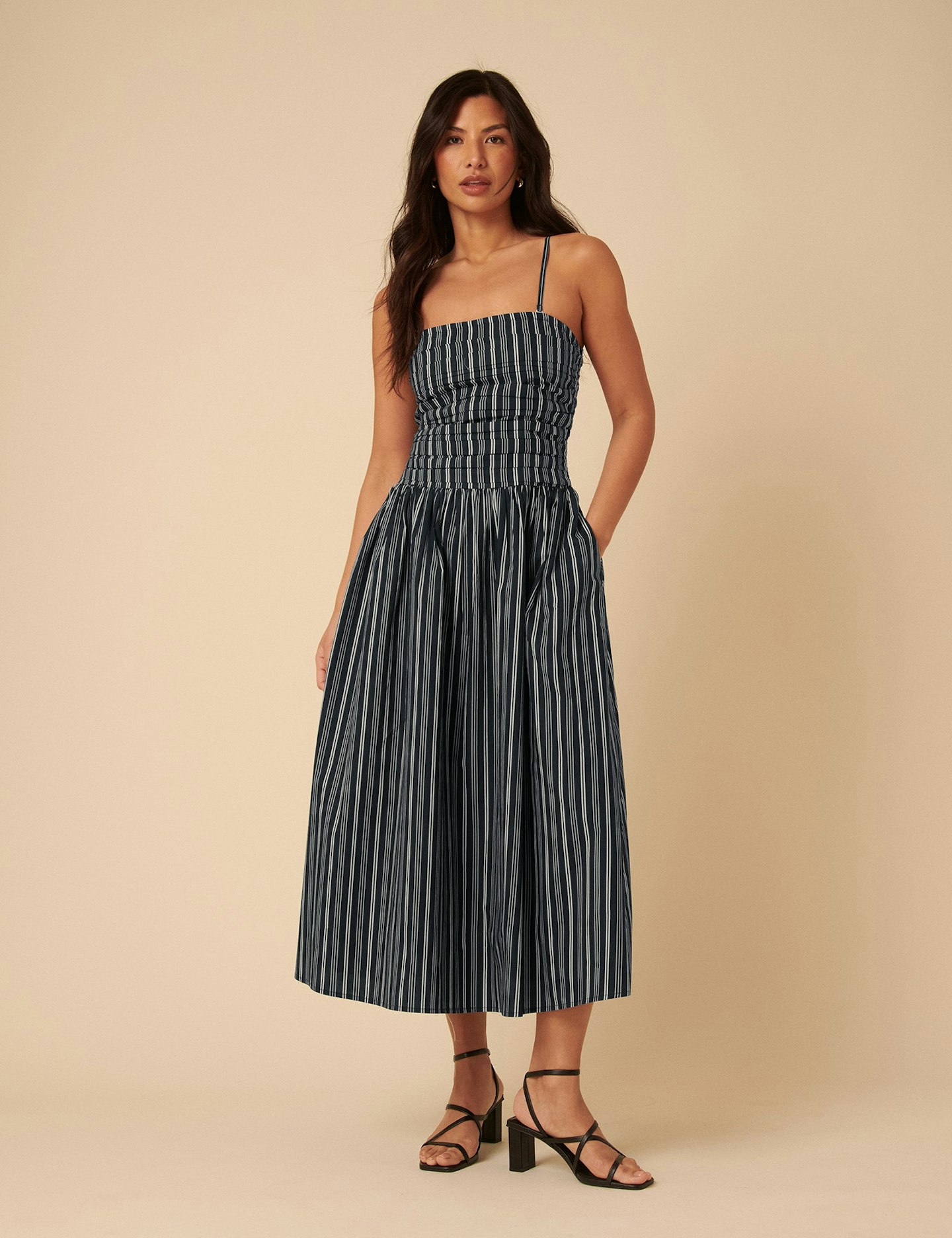 Nobody's Child, Navy Pinstripe Bandeau Felicity Midi Dress