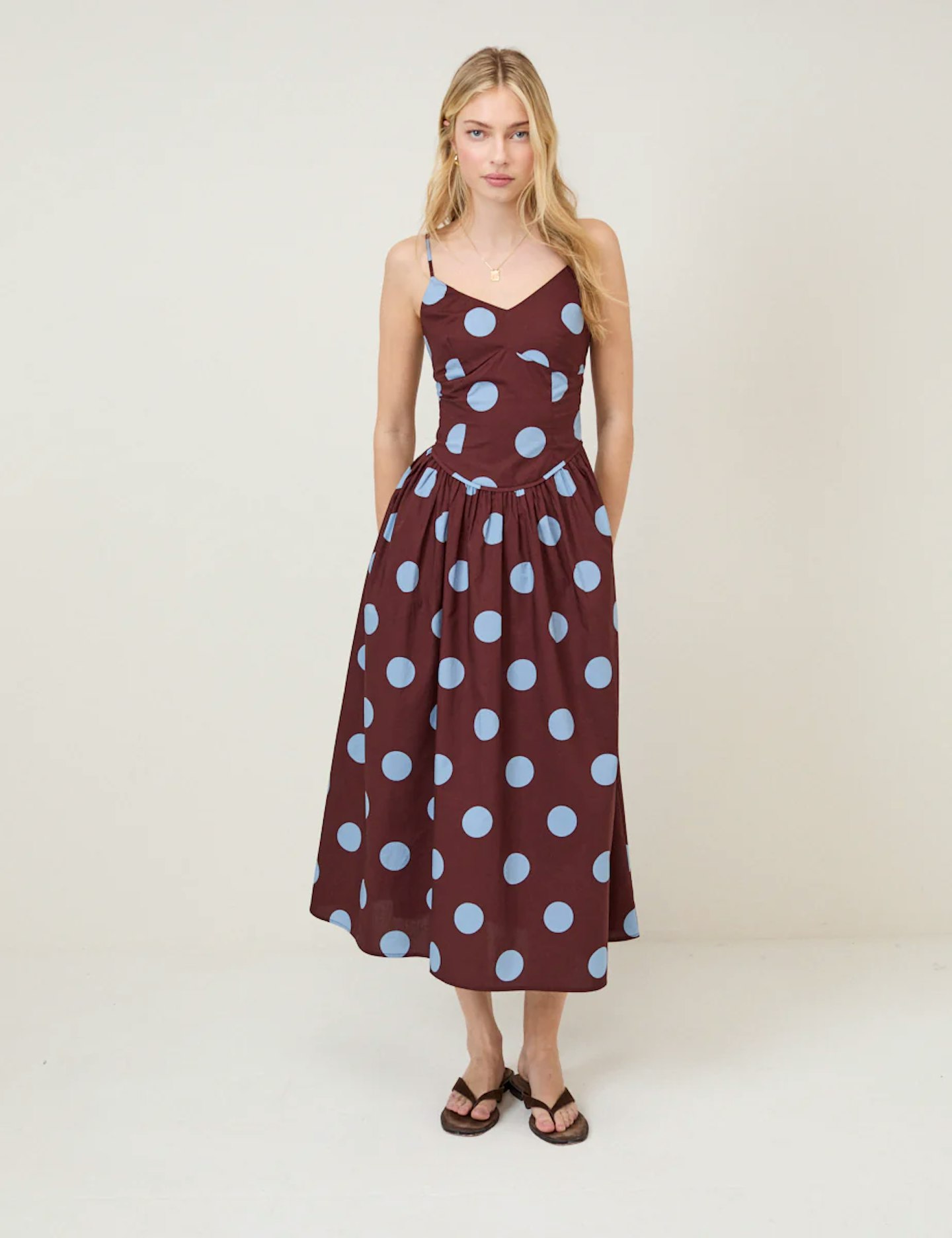brown polka dot bandeau felicity midi dress FELICITY Brown Polka Dot Bandeau Midi Dress  Trehbella