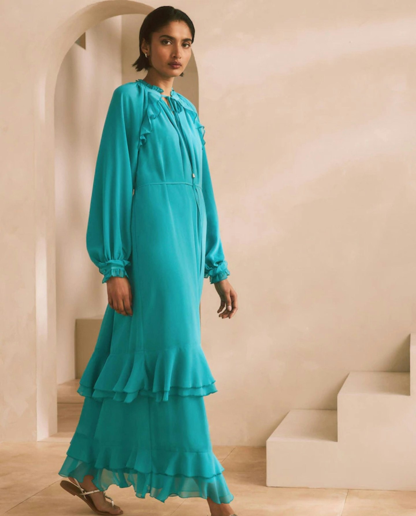 Tie Neck Ruffle Tiered Maxi Dress