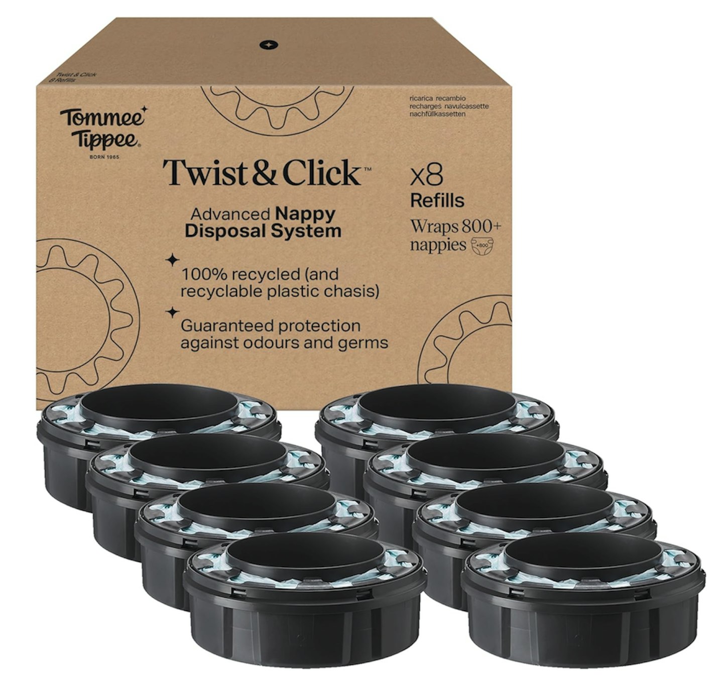 Tommee Tippee Twist and Click Nappy Bin Refill Cassettes, Pack of 8