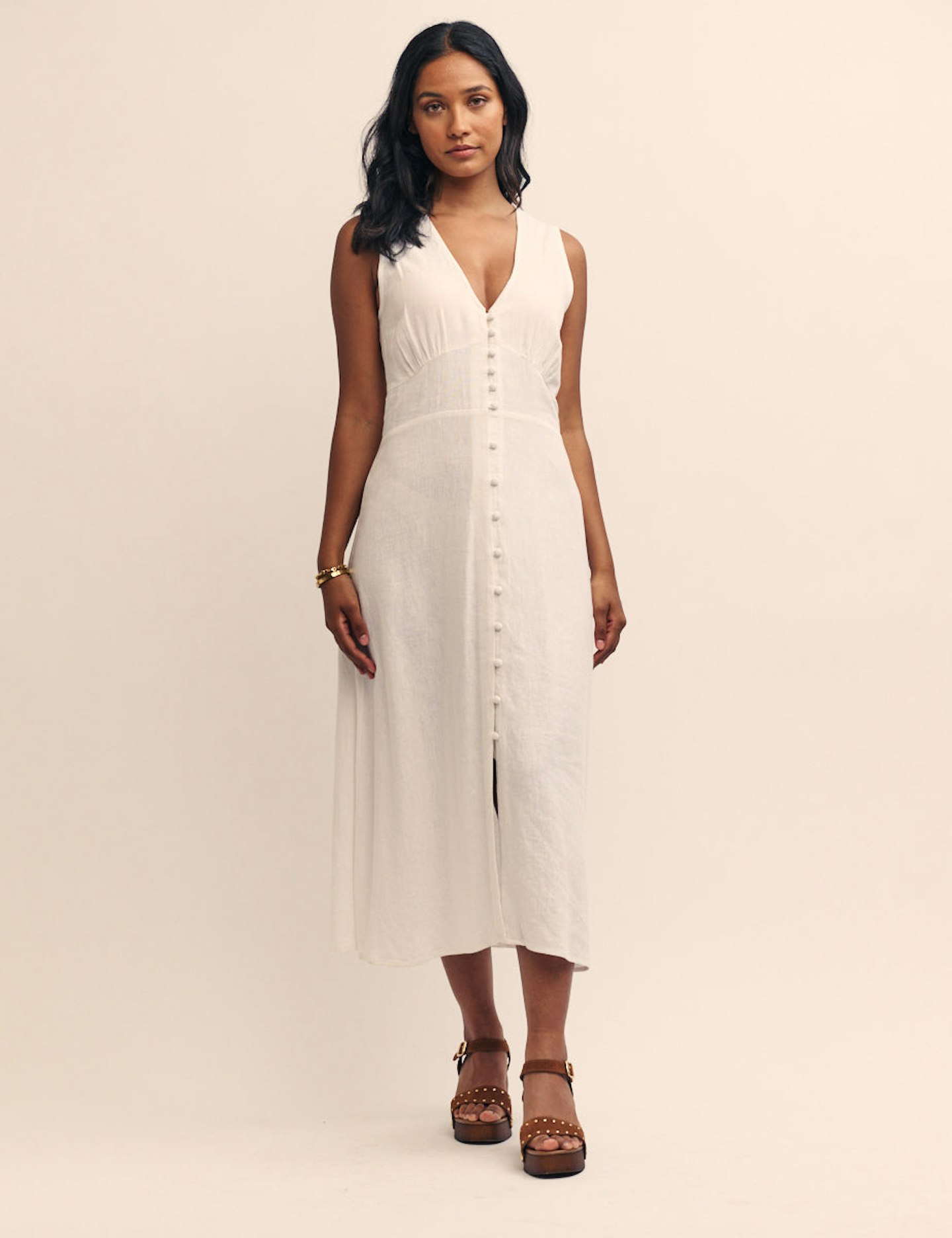 Nobody's Child Petite White Linen-blend Button Down Sandra Midi Dress