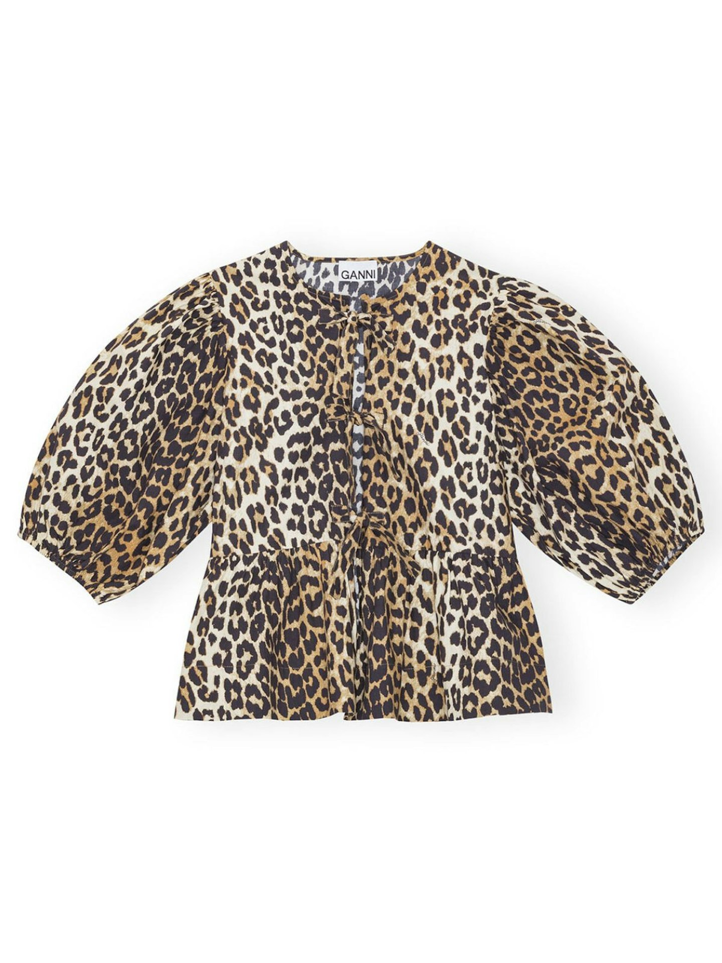 GANNI Leopard Cotton Poplin Peplum Tie Blouse