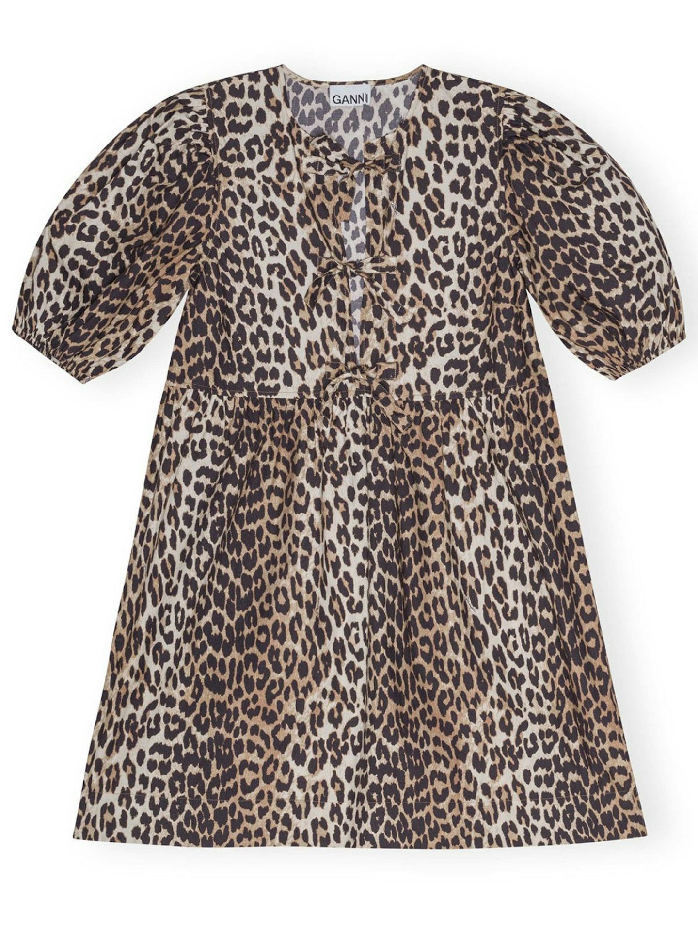 Ganni Leopard Printed Cotton Tie String Mini Dress