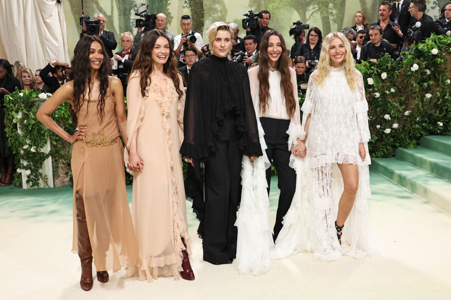 (L-R) Zoe Saldana, Emma Mackey, Greta Gerwig, Chemena Kamali and Sienna Miller attend The 2024 Met Gala