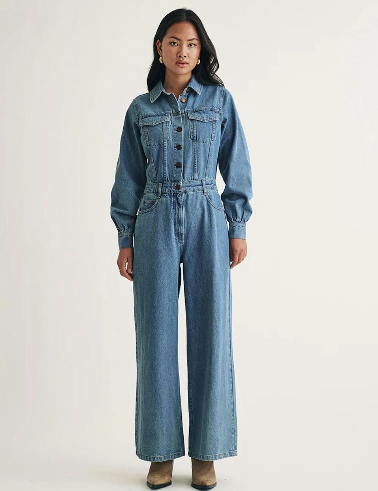 Nobody's Child Light Wash Long Sleeve Denim Jumpsuit