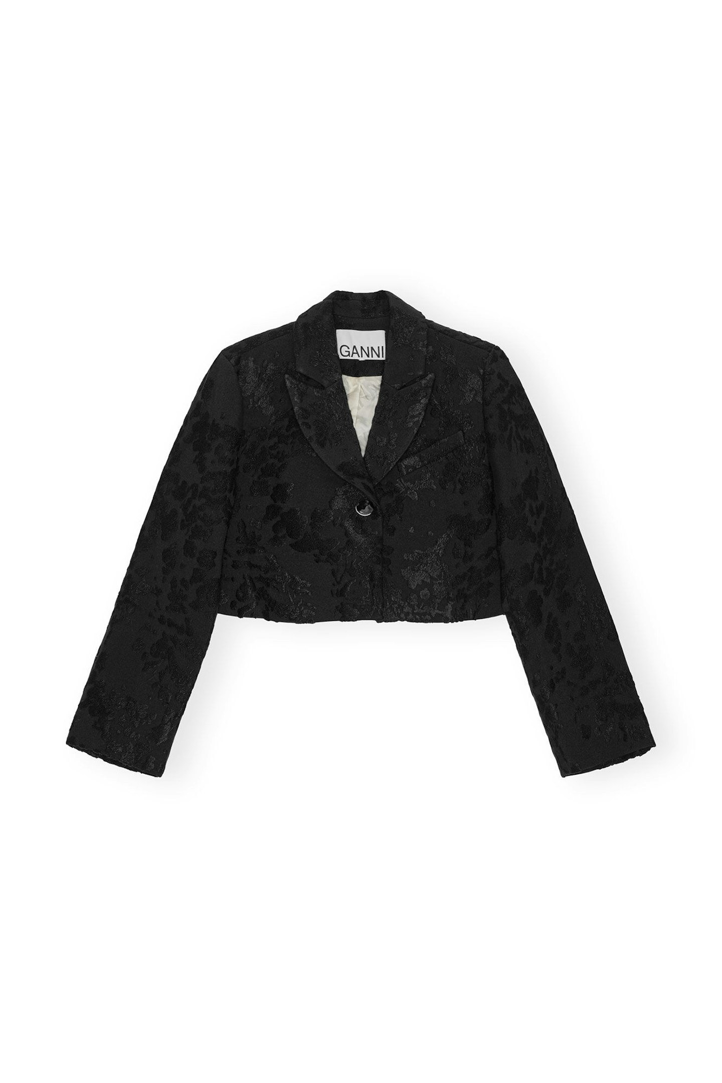 Ganni Black Boucle Jacquard Suiting Cropped Blazer