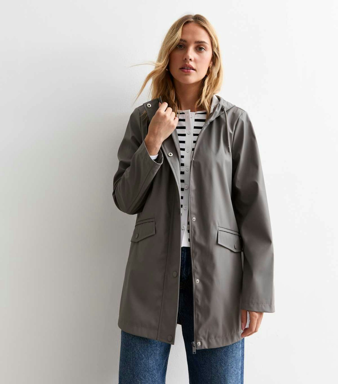 New Look Grey Unlined Hooded Raincoat