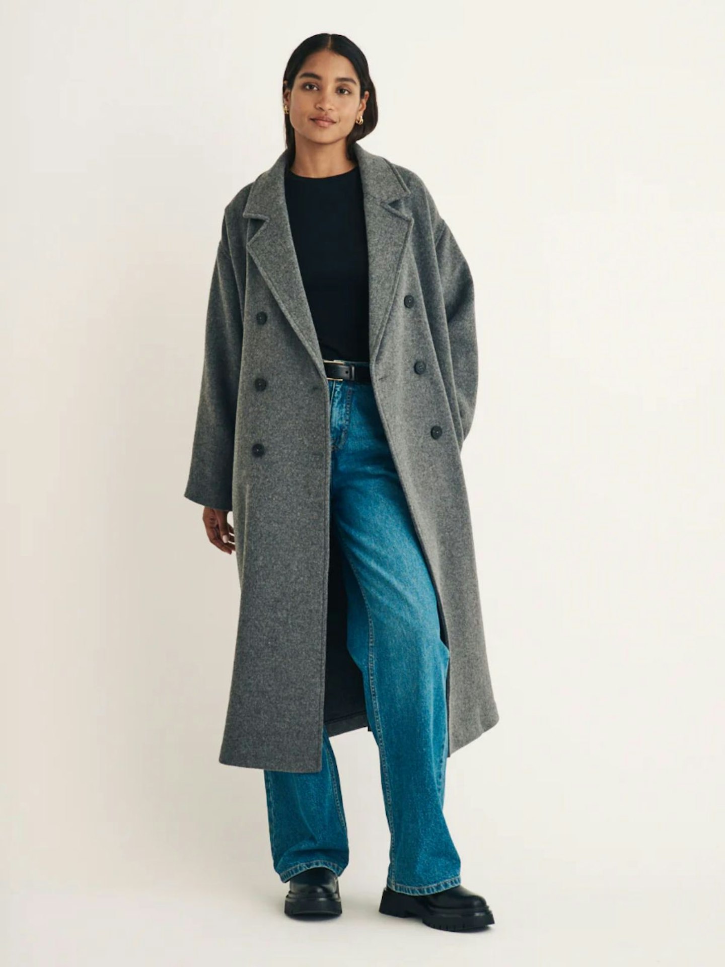 Grey Double Breasted Wool Blend Coat