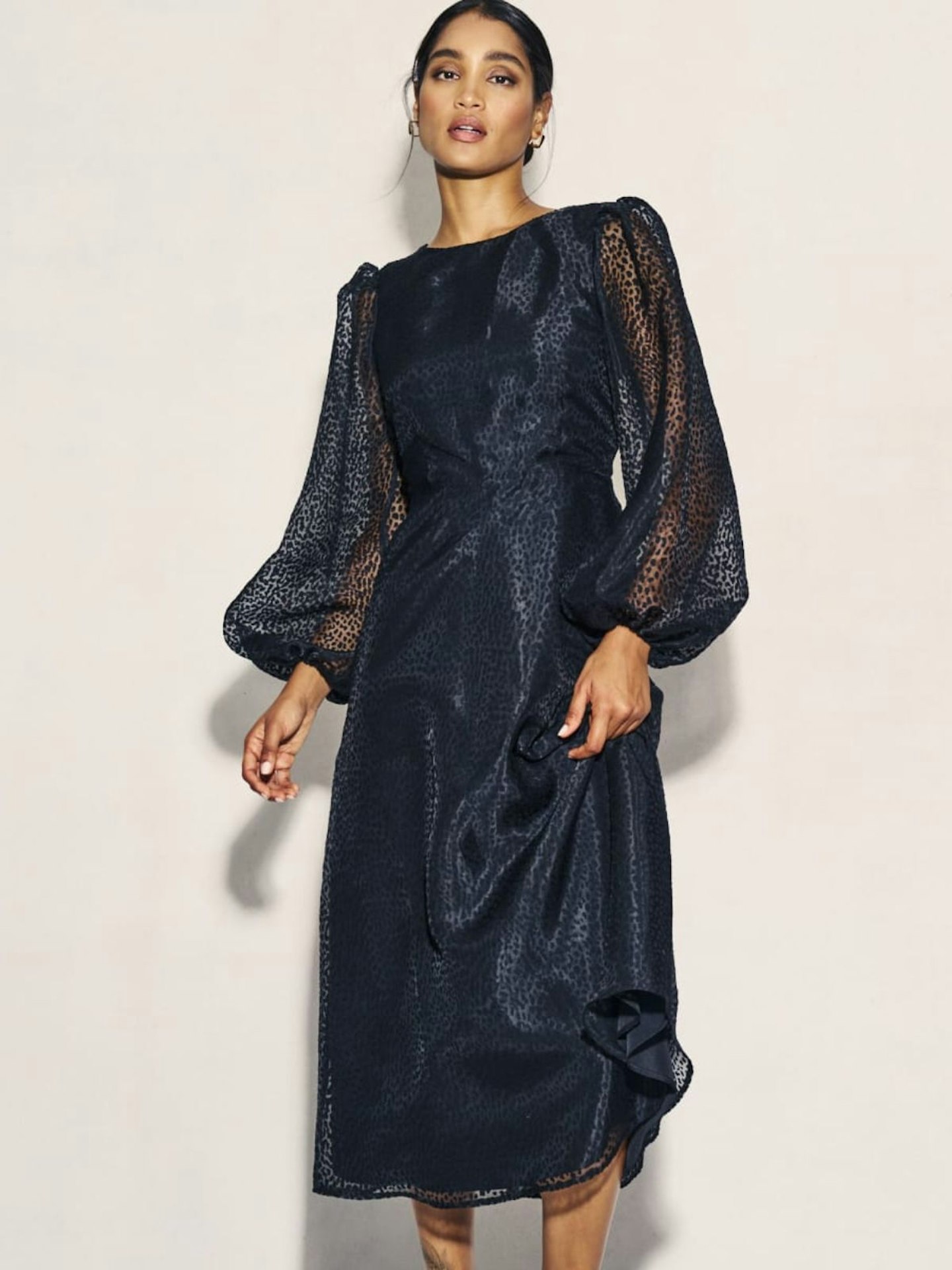 Nobody's Child Black Organza Balloon Sleeve Zora Midi Dress