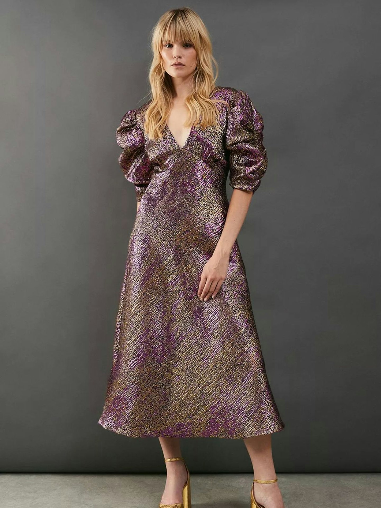 Warehouse Metallic Jacquard Plunge Neck Puff Sleeve Midi Dress