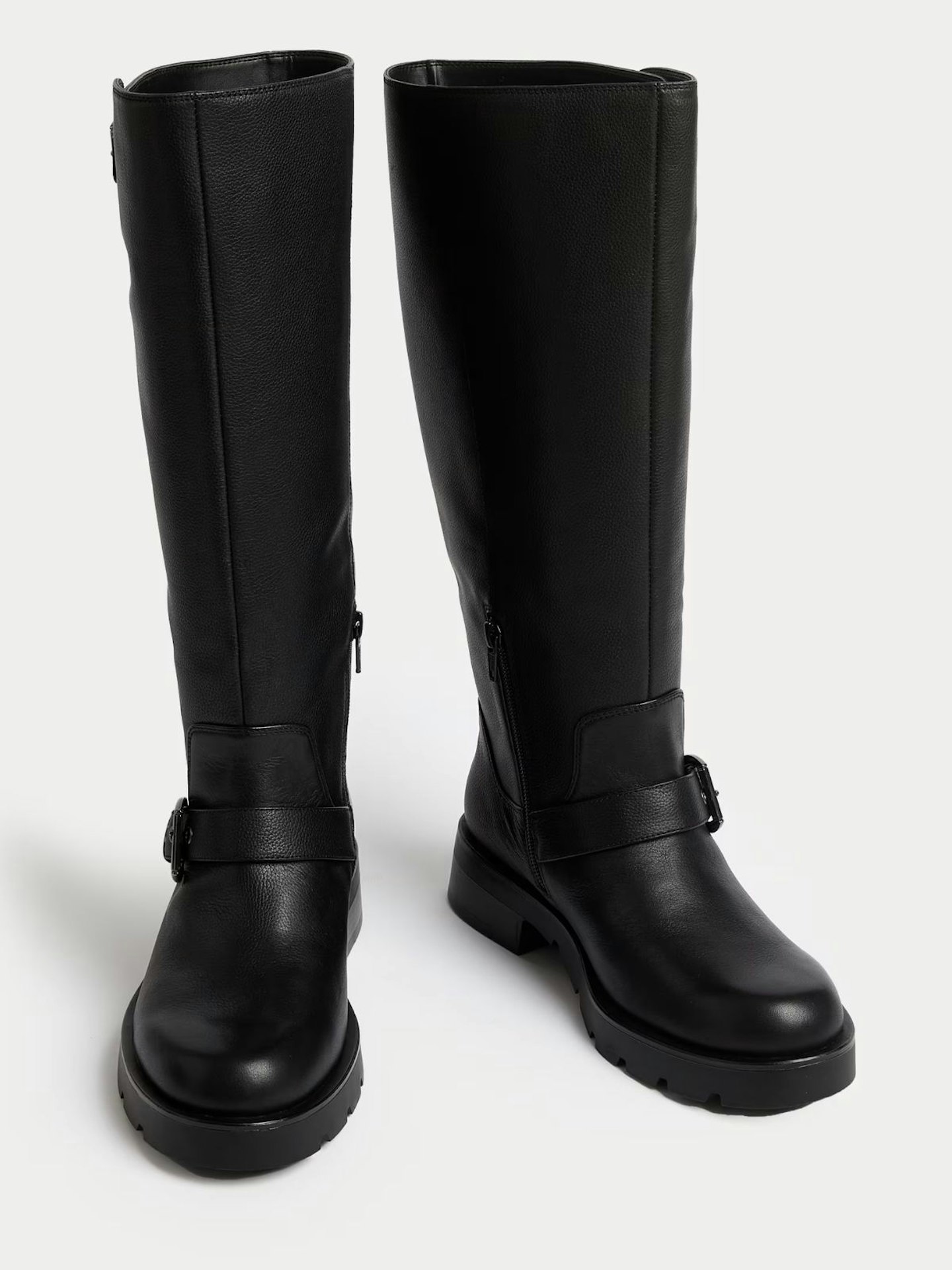 Wide Fit Leather Biker Knee High Boots